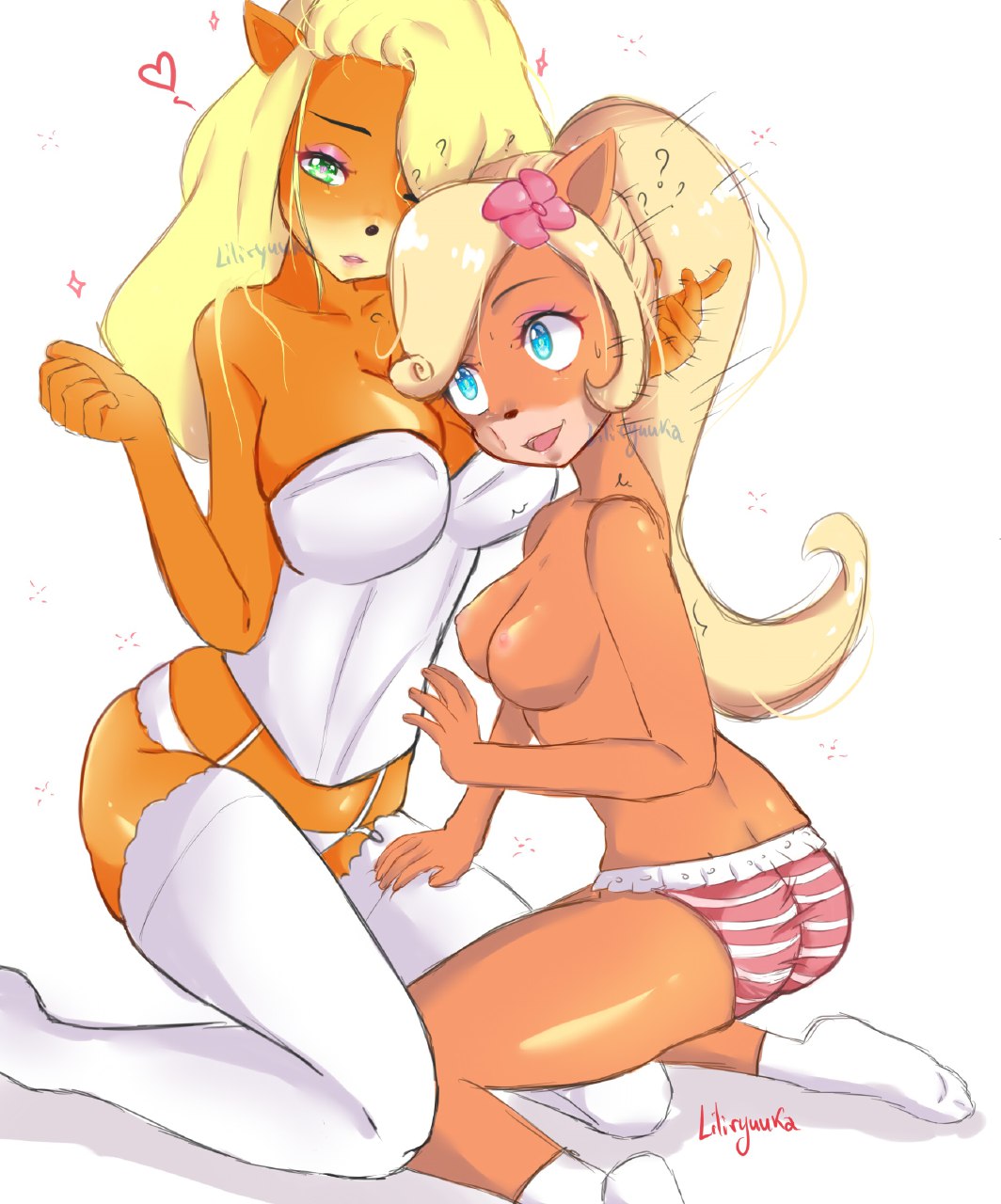 2girls anthro blonde_hair coco_bandicoot crash_(series) female flower fur furry heart liliryuuka lingerie panties pussy socks stockings tawna_bandicoot thighhighs yuri