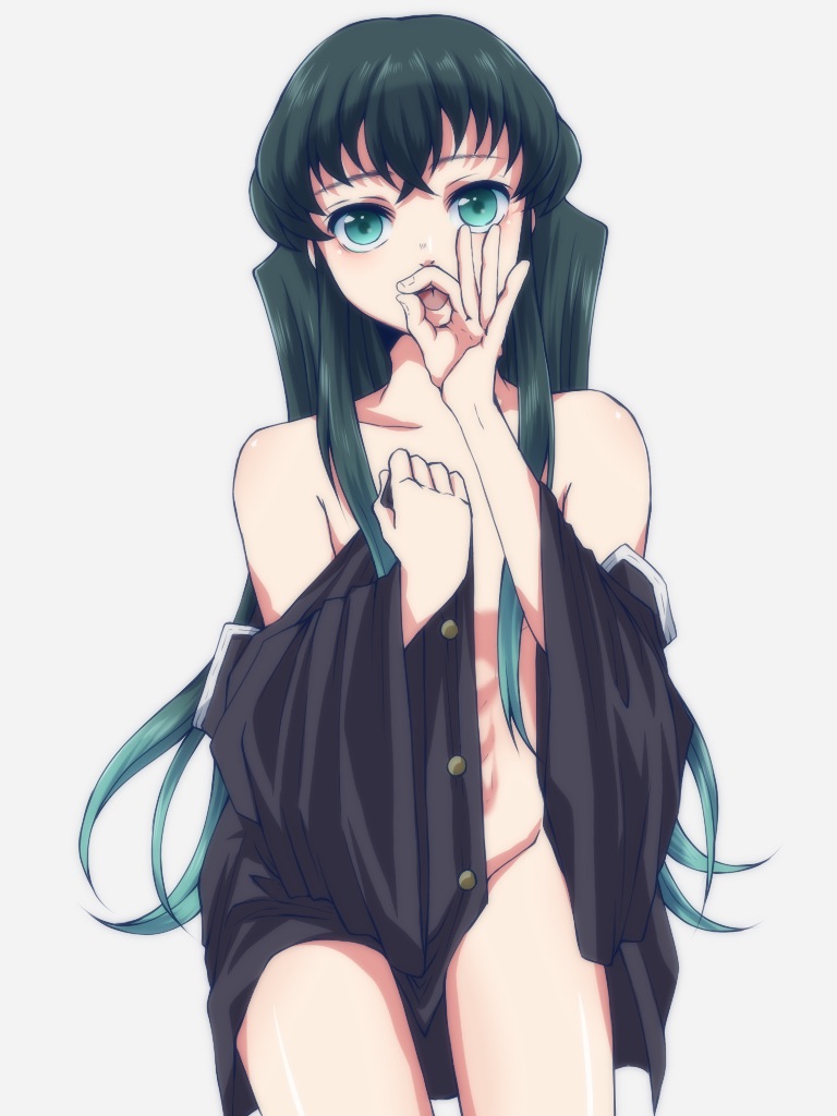 androgynous, bangs, bare shoulders, black hair, dark hair, demon slayer, fellatio gesture, femboy, kimetsu no yaiba, long hair, looking at viewer, male, male only, muichiro tokitou, partially clothed, solo, teal eyes, tongue, tongue out, two-tone hair, very long hair