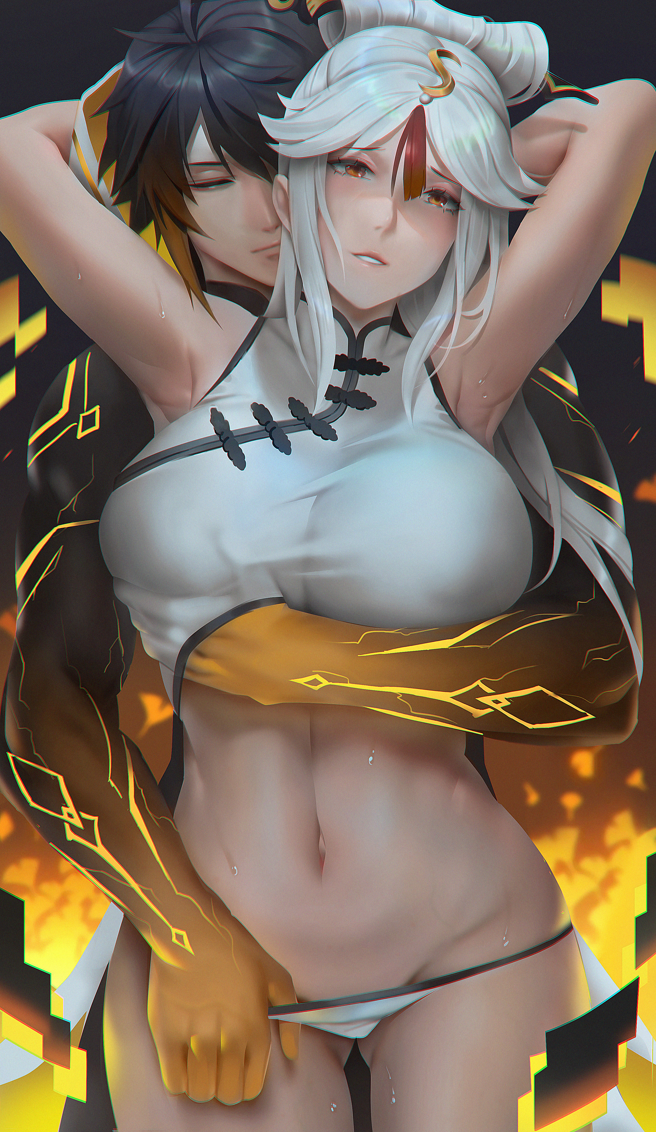 1boy, 1girls, armpits, arms up, biting lip, black hair, breasts, chinese clothes, closed eyes, curvaceous, curves, embrace, female, genshin impact, grabbing from behind, groping, highres, huge breasts, hugging from behind, lactation, looking at viewer, male, ningguang (genshin impact), nipples, panties, patreon reward, red eyes, straight, sweat, underwear, unfairr, white hair, zhongli (genshin impact)