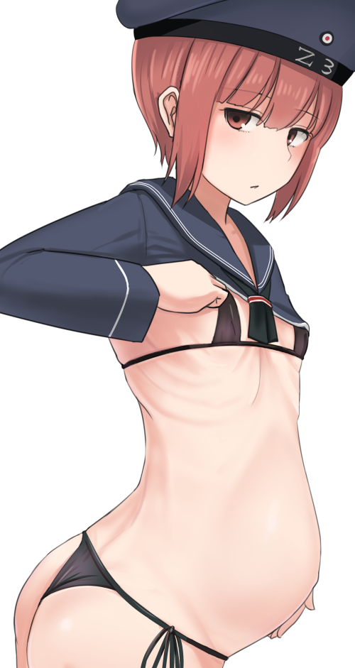 bangs bikini black_bikini brown_eyes crop_top early_pregnancy female female_only flat_chest hand_on_belly hat kantai_collection long_sleeves looking_back naval_uniform pregnant red_hair ribs short_hair side-tie_bikini sidelocks solo taji_(crowview) z3_max_schultz_(kantai_collection)