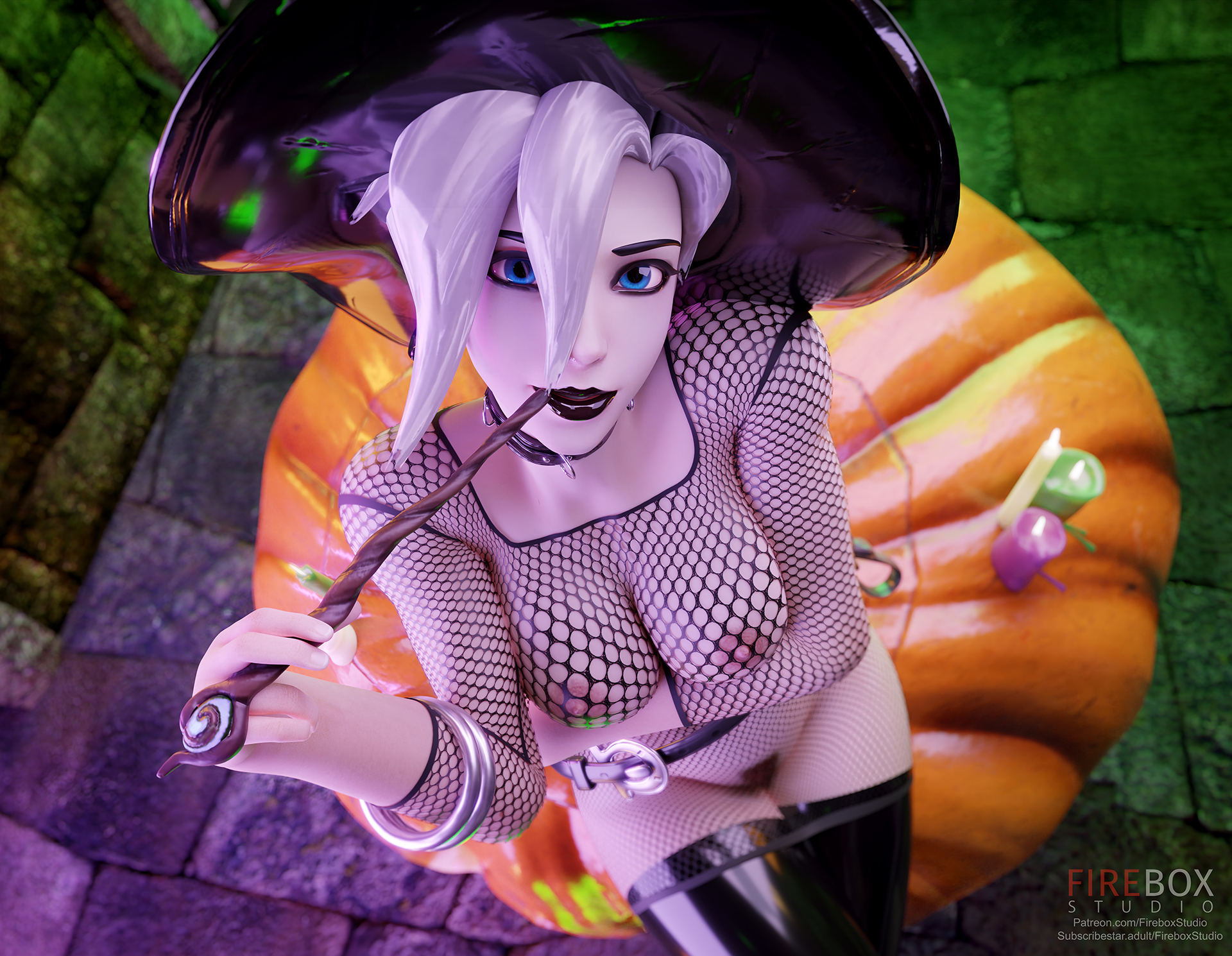1girls, 3d, angela ziegler, black lipstick, blue eyes, female, female only, fireboxstudio, fishnet shirt, fishnets, halloween, lipstick, looking at viewer, mercy, naked footwear, overwatch, pubic hair, solo