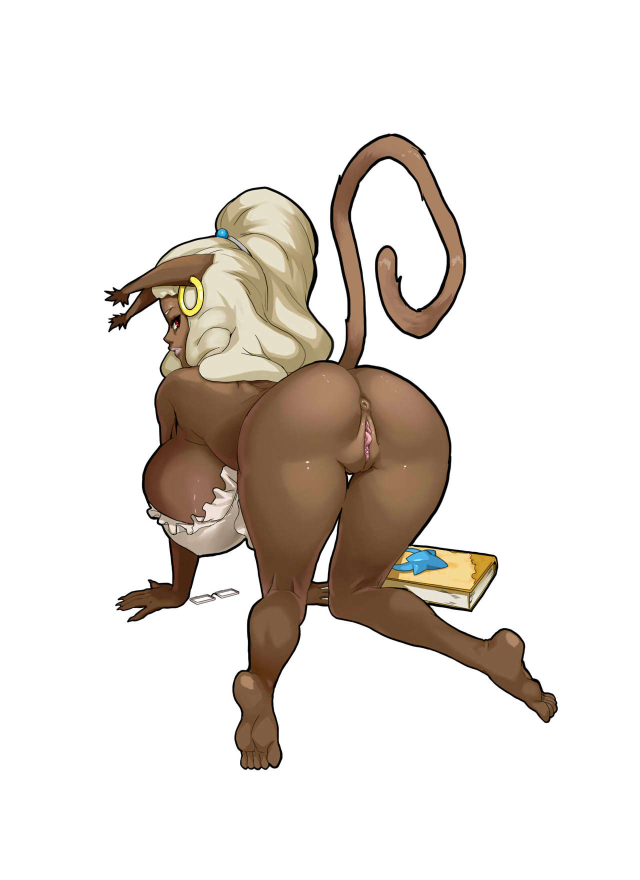 anthro anus ass barefoot cat_ears cat_tail dark-skinned_female exposed_ass exposed_pussy feet huge_breasts legend_of_queen_opala looking_back mhu'tiki_(legend_of_queen_opala) naked_apron pussy tagme tentaclemonsterchu thick_thighs