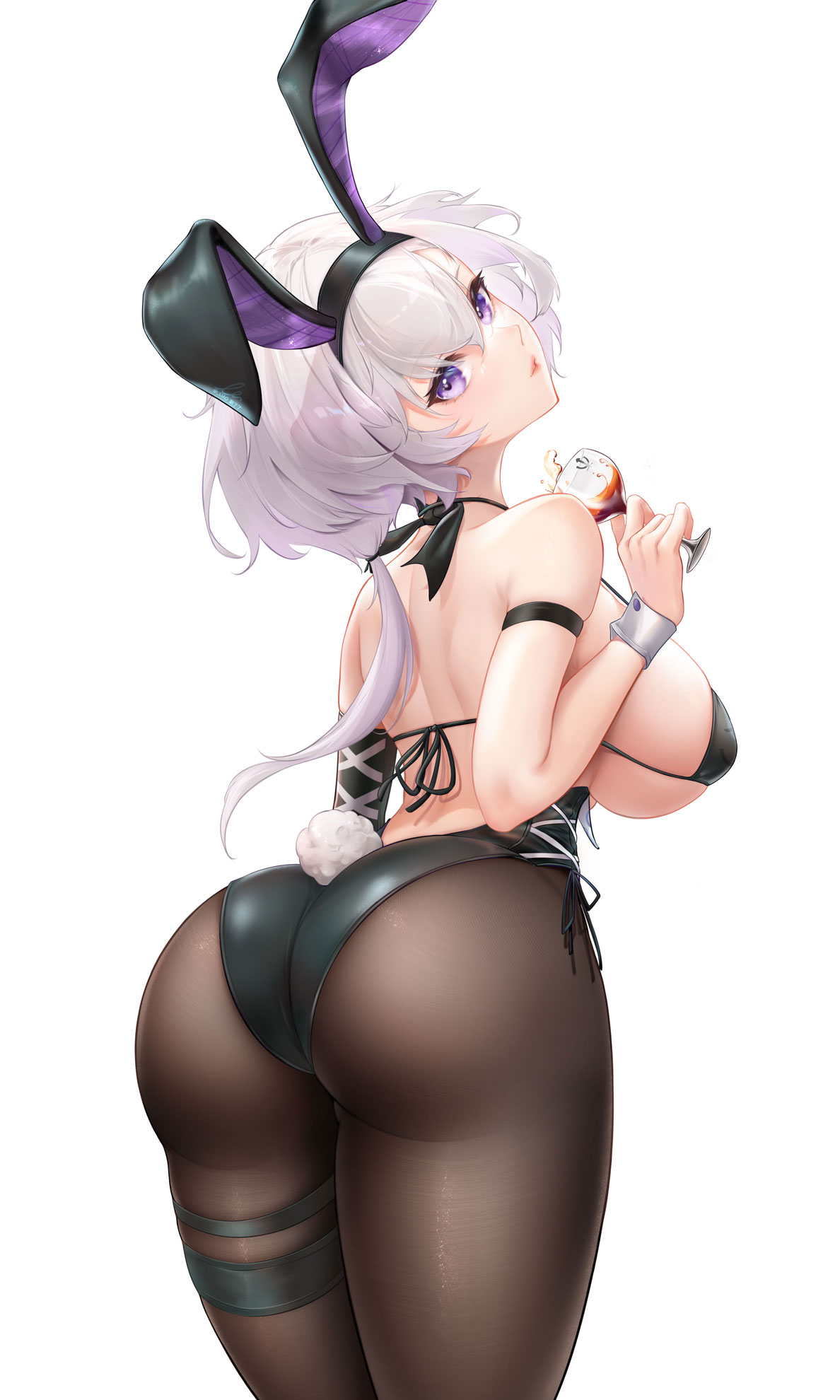 1girls, 2021, alternate version available, animal ears, arm strap, ass, azur lane, back, bangs, bare shoulders, bikini, bikini top, black bikini, black leotard, breasts, brown legwear, cowboy shot, cup, drinking glass, eyebrows visible through hair, fake animal ears, female, female focus, female only, from behind, hair between eyes, halter top, halterneck, highres, holding, holding cup, large breasts, leotard, light skin, light-skinned female, liu liaoliao, long hair, looking at viewer, looking back, official alternate costume, pantyhose, parted lips, playboy bunny, purple eyes, rabbit tail, reno (azur lane), reno (reno bunnino) (azur lane), simple background, solo, string bikini, swimsuit, tail, thigh strap, white background, white hair, wrist cuffs