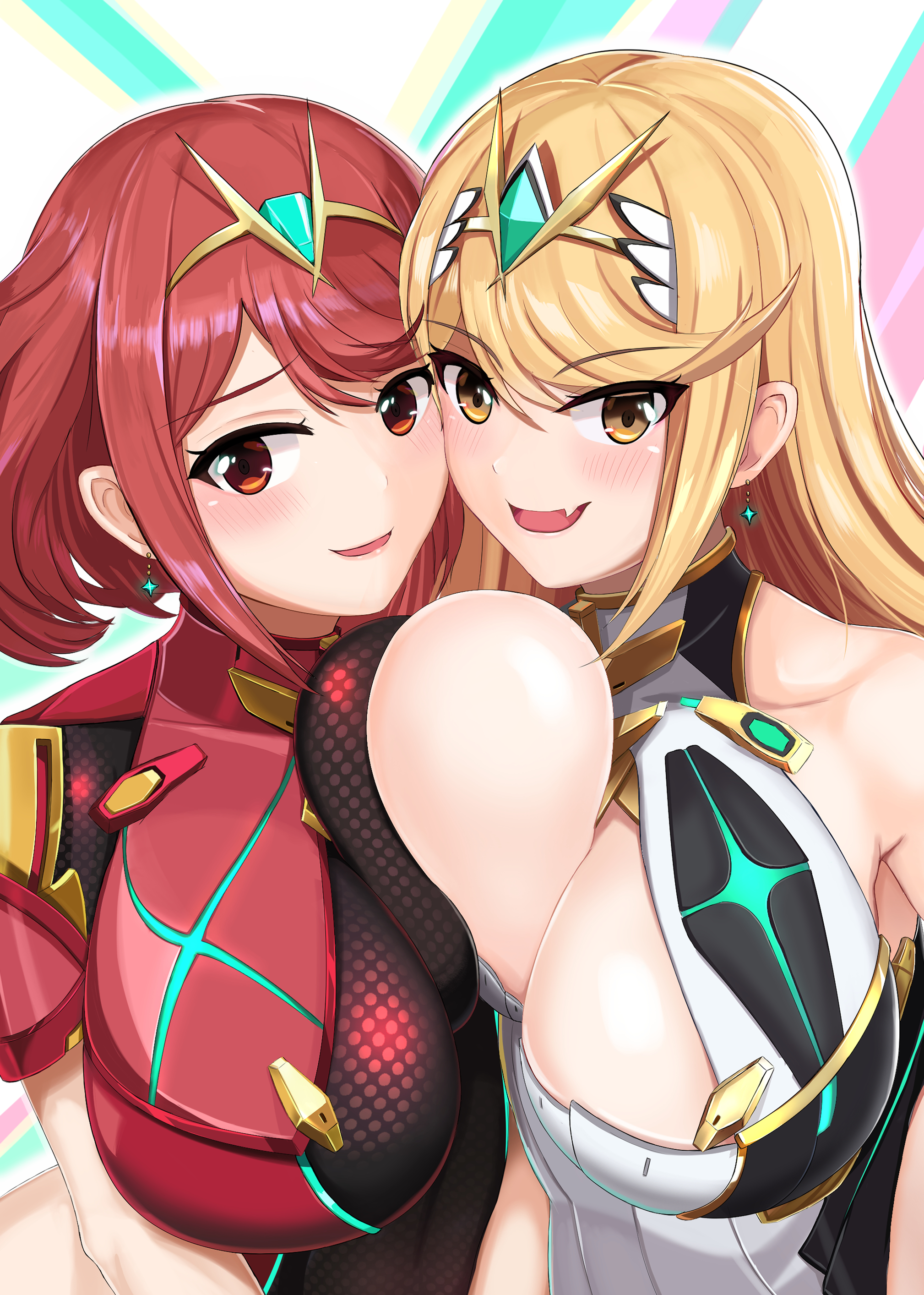 2girls, bangs, blonde hair, blush, boob window, breast press, breast squish, breasts, colored, earrings, female, huge breasts, jewelry, large breasts, long hair, looking at viewer, mythra, nintendo, pyra, red eyes, red hair, rj-dx, short hair, smile, smiling at viewer, swept bangs, tagme, tiara, tight clothing, xenoblade (series), xenoblade chronicles 2, yellow eyes