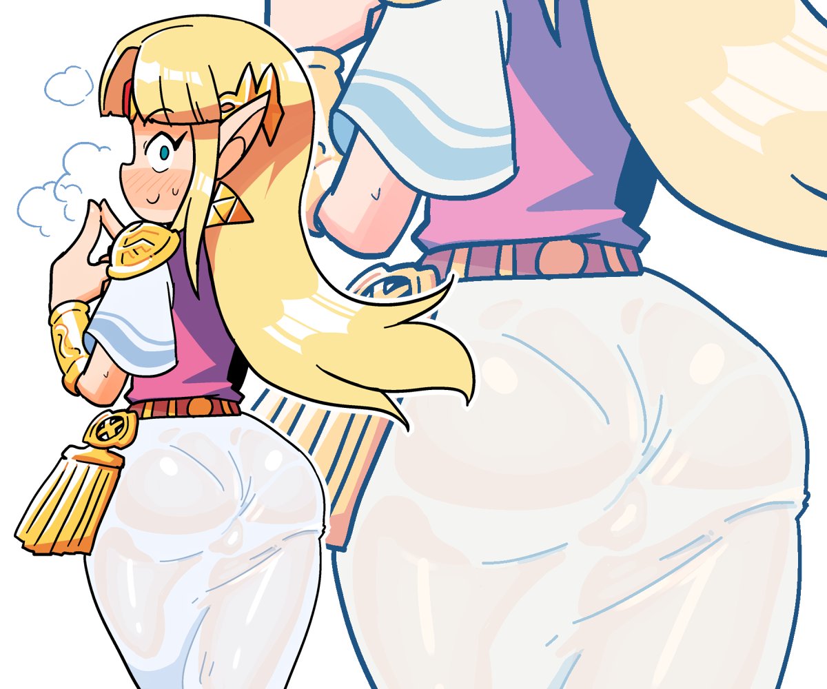 1girls, a link between worlds, ass, ass in dress, big ass, blush, crap-man, female, female only, long blonde hair, looking at viewer, looking back, nintendo, princess zelda, see-through, see-through clothing, solo, the legend of zelda, wet, wet clothes, zelda (a link between worlds)