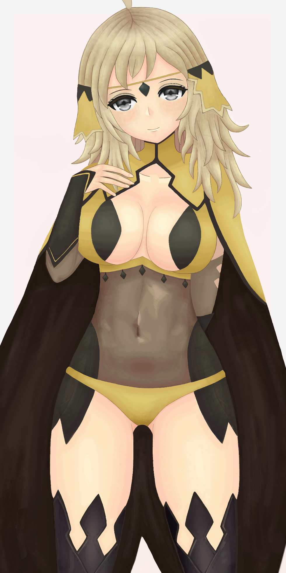 1girls bare_thighs blonde_hair bodystocking breasts cape cleavage fire_emblem fire_emblem_fates grey_eyes hand_on_own_chest head_tilt large_breasts long_hair looking_at_viewer nintendo ophelia_(fire_emblem) panties roaamuje sideboob smile solo thighs white_background yellow_panties