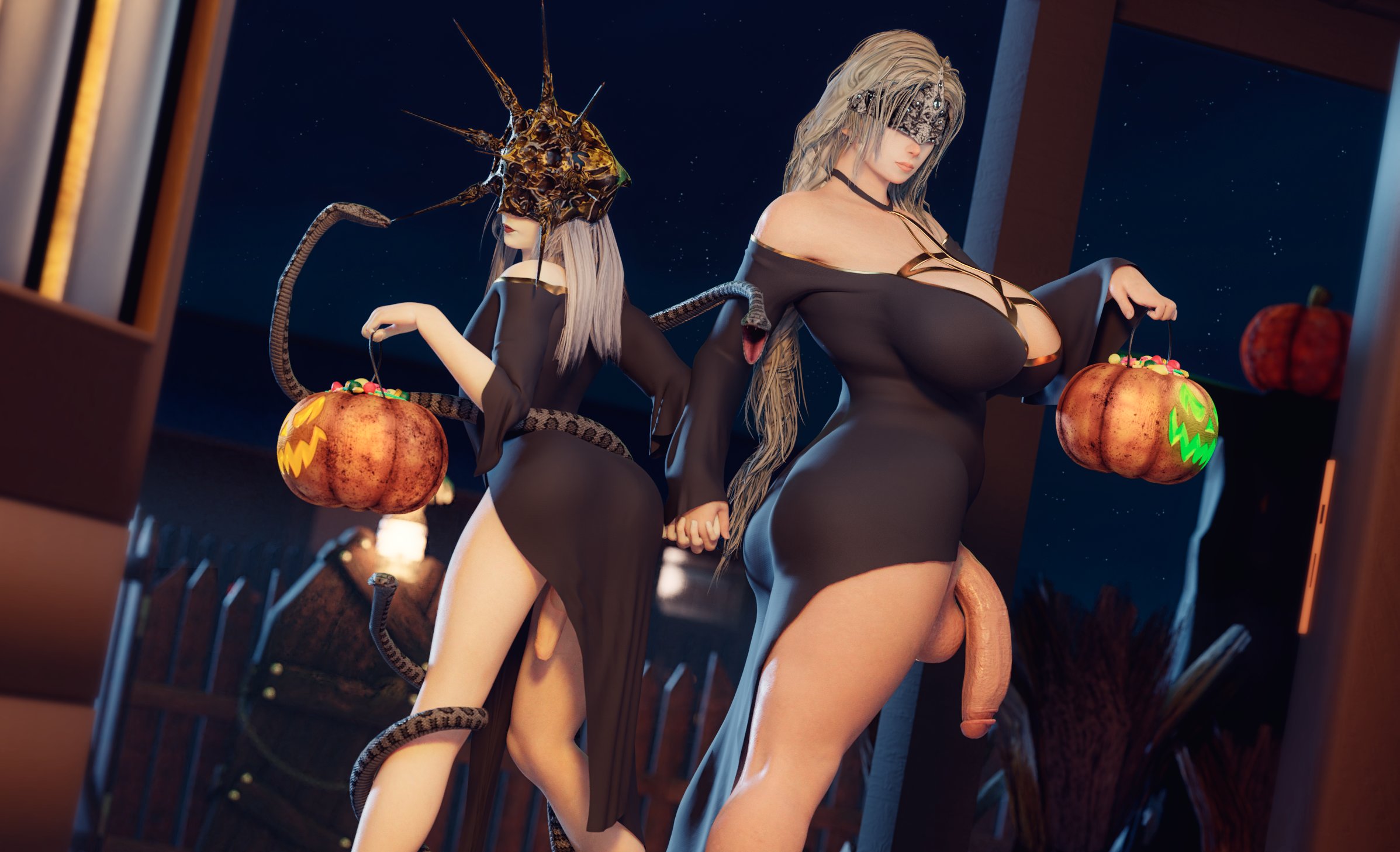 1boy, 1futa, 3d, ass, bare legs, big ass, big breasts, big penis, black dress, blender, blindfold, breasts, cleavage, dark souls, dark souls 3, dark sun gwyndolin, dickgirl, dress, femboy, fire keeper, fromsoftware, futa is bigger, futa with male, futanari, garean, girly, glowing, half-erect, huge breasts, huge cock, humanoid penis, intersex, large breasts, larger futa, light skin, light-skinned futa, male, no panties, no underwear, pale skin, pale-skinned femboy, penis, penis size difference, size difference, smaller male, standing, thick penis, trap, trick or treat, uncensored, veiny penis