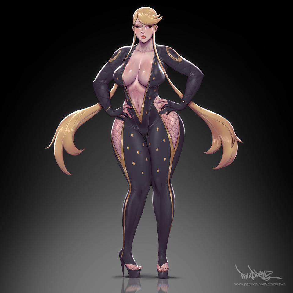 1girls bangs big_breasts blonde blonde_female blonde_hair bodysuit breasts cleavage clothing female female_only fishnets hand_on_hip hands_on_hips high_heels kasuga large_breasts low_ponytail low_twintails open_toe_shoes pinkdrawz platform_heels sengoku_basara skinsuit solo solo_focus thick_thighs toeless_footwear toeless_legwear toes very_long_hair wide_hips