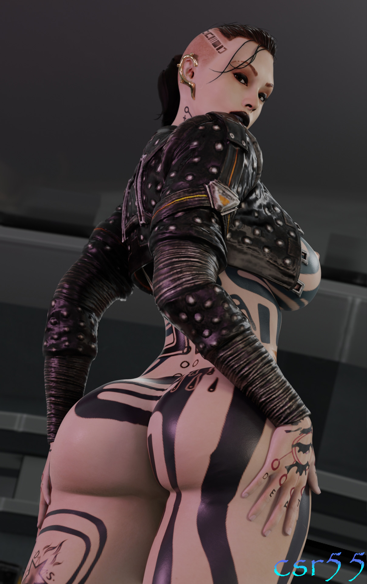 1girls, 3d, ass, bottomless, breasts, bubble ass, bubble butt, busty, cropped jacket, csr55, female, female focus, female only, hourglass figure, jack (mass effect), jacket, mass effect, solo, solo female, tagme, tattoo, wide hips