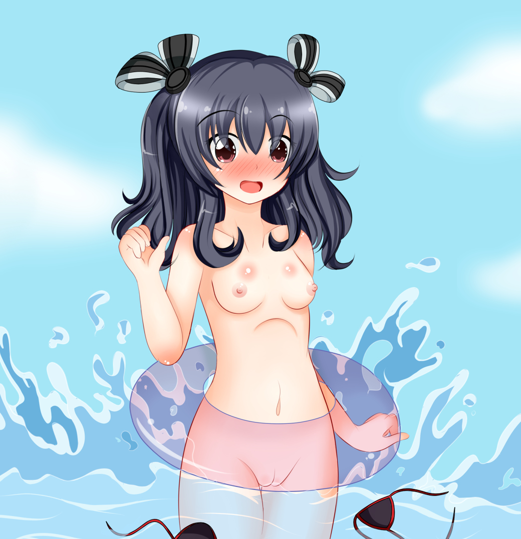 1girls areolae black_hair blush bow breasts cpu_candidate female female_only goddess hair_ornament medium_hair mouth_open naked neptunia_(series) nipples nude nude_female open_mouth pussy red_eyes simple_background small_breast small_breasts swimsuit uni_(neptunia) video_games wardrobe_malfunction water