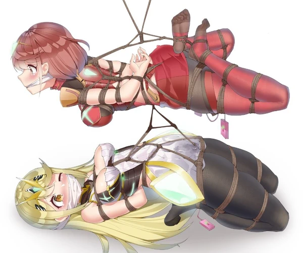 182_(artist) 2girls arms_behind_back black_legwear blonde_hair bondage bound breasts brown_eyes cleavage cloth_gag crotch_rope gag gagged hands_tied headpiece hogtie legs_tied long_hair medium_breasts medium_hair mythra one_eye_closed pantyhose pussy_juice pyra red_hair remote_control_vibrator rope shibari simple_background stirrup_legwear suspended suspended_in_midair tearing_up vibrator white_background xenoblade_(series) xenoblade_chronicles_2