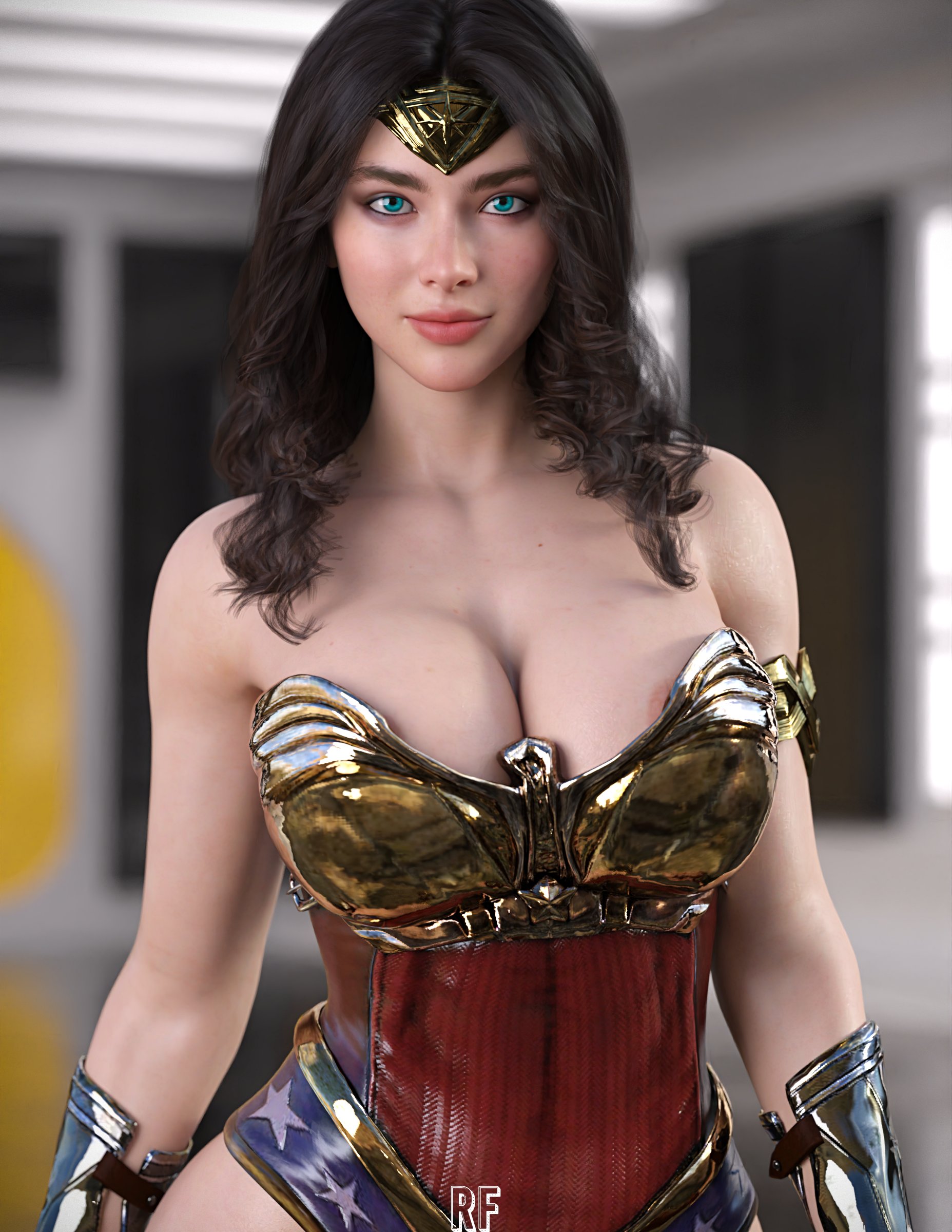 1girls, 3d, 3d model, amazon, big breasts, blue eyes, breasts, brunette, cleavage, dark hair, dc, dc comics, diana prince, female, female only, fully clothed, large breasts, looking at viewer, realistic, rude frog, solo, solo female, wonder woman, wonder woman (series)