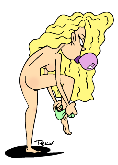 ass bending_forward blonde_hair blowing_bubblegum bubble_gum curly_hair debbie_thornberry dressing eye_shadow from_behind green_panties nickelodeon nude nude_female panties_around_ankle purple_lipstick pussy_peek solo solo_female tagme teenager teev underboob white_background wild_thornberrys