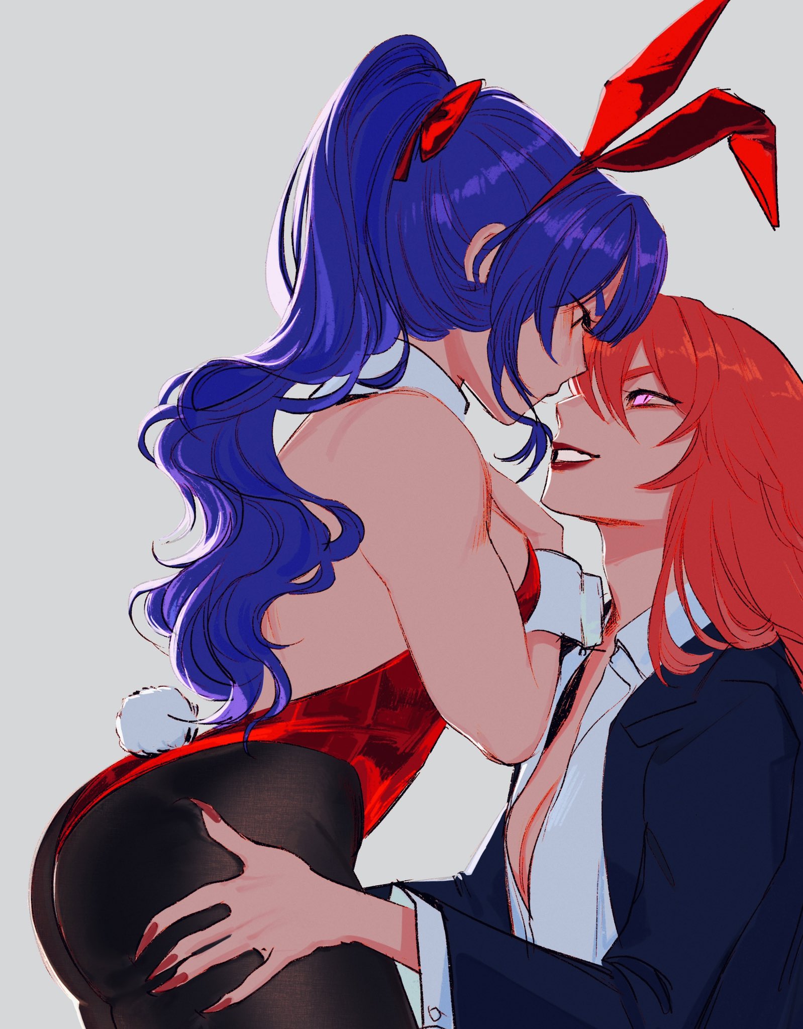 2girls, animal ears, ass, breasts, bucumberr, bunny ears, bunny girl, bunny tail, bunnysuit, female, genshin impact, leotard, lesbian, pink hair, purple eyes, purple hair, raiden shogun, thick ass, thick thighs, yae miko, yuri