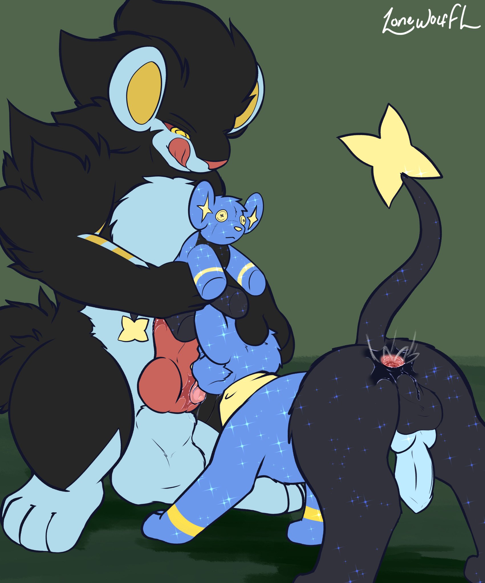 anal, anal sex, animal genitalia, anus, ass, balls, blue body, blue fur, bodily fluids, duo, erection, felid, feline, fellatio, femboy, feral, feral on feral, fur, furry, gay, gay anal, gay sex, genital fluids, genitals, hi res, homosexual, homosexual male, homosexual sex, knot, lonewolffl, luxray, magic, male, male only, male penetrated, male penetrating, male penetrating male, male/male, mammal, nintendo, nude, oral, penetration, penile, penis, plushie, plushophilia, pokémon (species), pokemon, pokemon (species), sex, shinx, simple background, tongue, tongue out, video games, voodoo, voodoo doll, voodoo penetration, voodoo sex