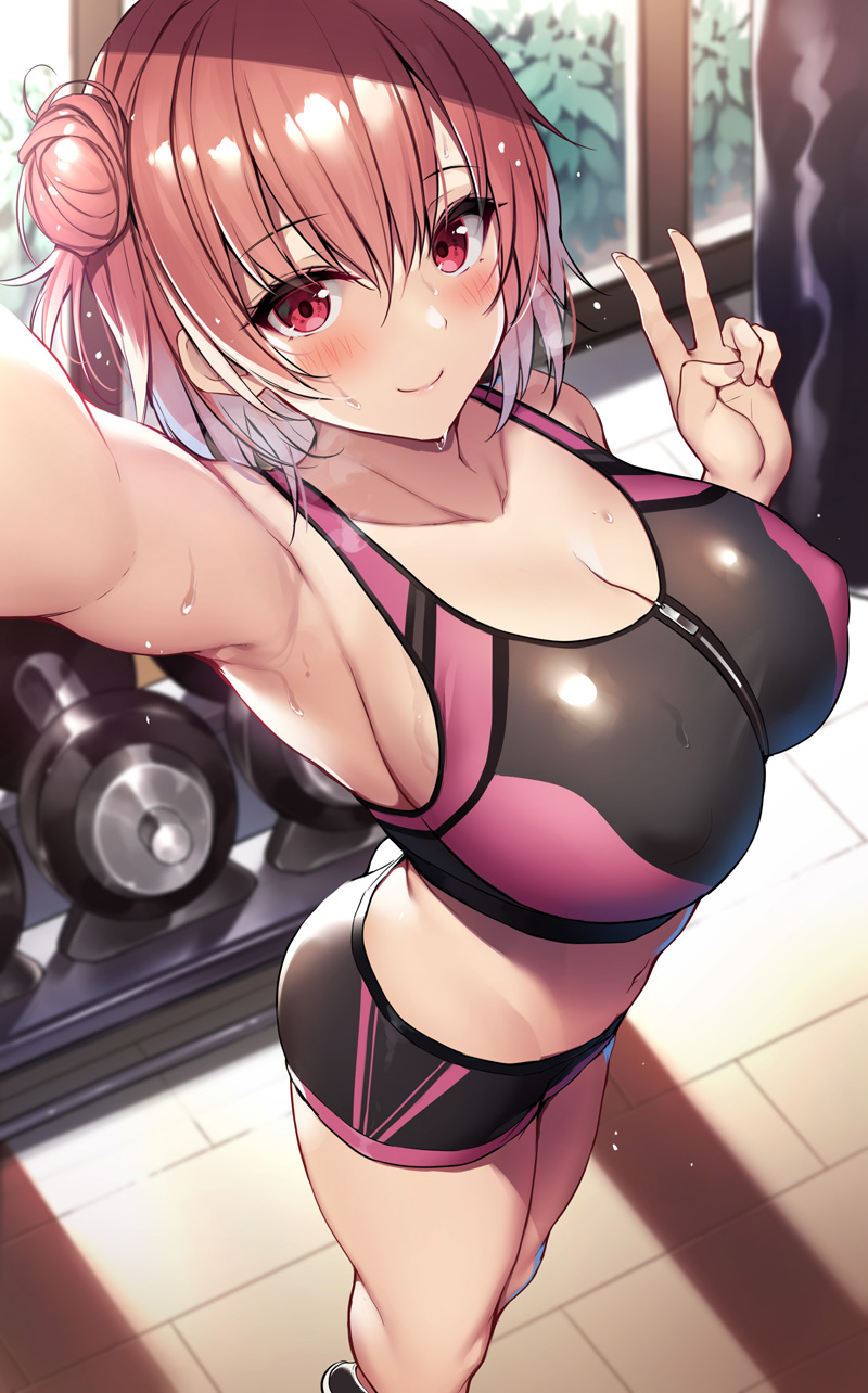 1girls arm_up armpit armpits bangs bare_shoulders black_footwear blush breasts cleavage closed_mouth dumbbell eyebrows_visible_through_hair female female_focus female_only fingernails from_above hair_bun highres huge_breasts indoors looking_at_viewer my_teen_romantic_comedy_snafu navel nipple_bulge outstretched_arm peace_sign pink_eyes pink_hair punching_bag selfie short_hair short_shorts shorts side_bun smile solo solo_female solo_focus sports_bra standing sweat sweatdrop tile_floor tiles v v_sign window xe_(execut3r) yuigahama_yui zipper zipper_pull_tab