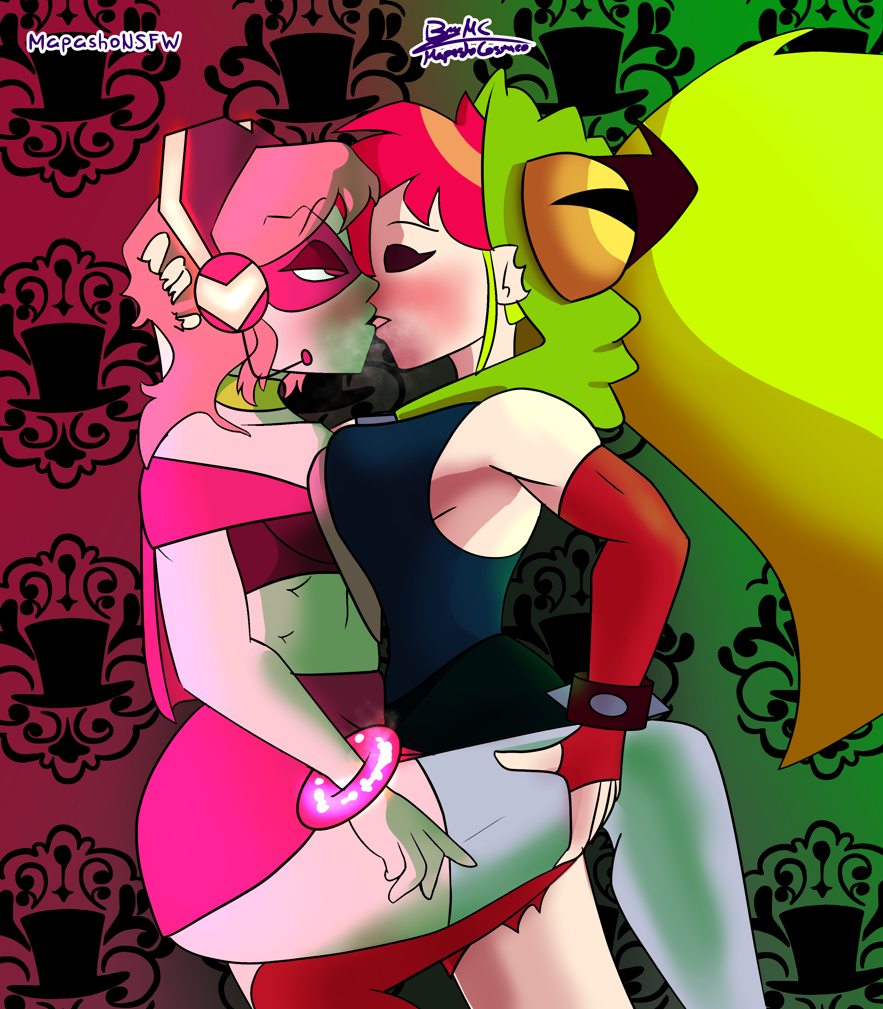 abs, ass, big ass, big breasts, blush, breasts, cartoon network, couple, demencia (villainous), female, female only, kissing, long hair, mapashonsfw, miniskirt, miss heed (villainous), pink eyes, pink hair, pink skin, pink skirt, punk, red hair, skirt, thighhighs, villainous, white body, white skin, yellow hair, yuri