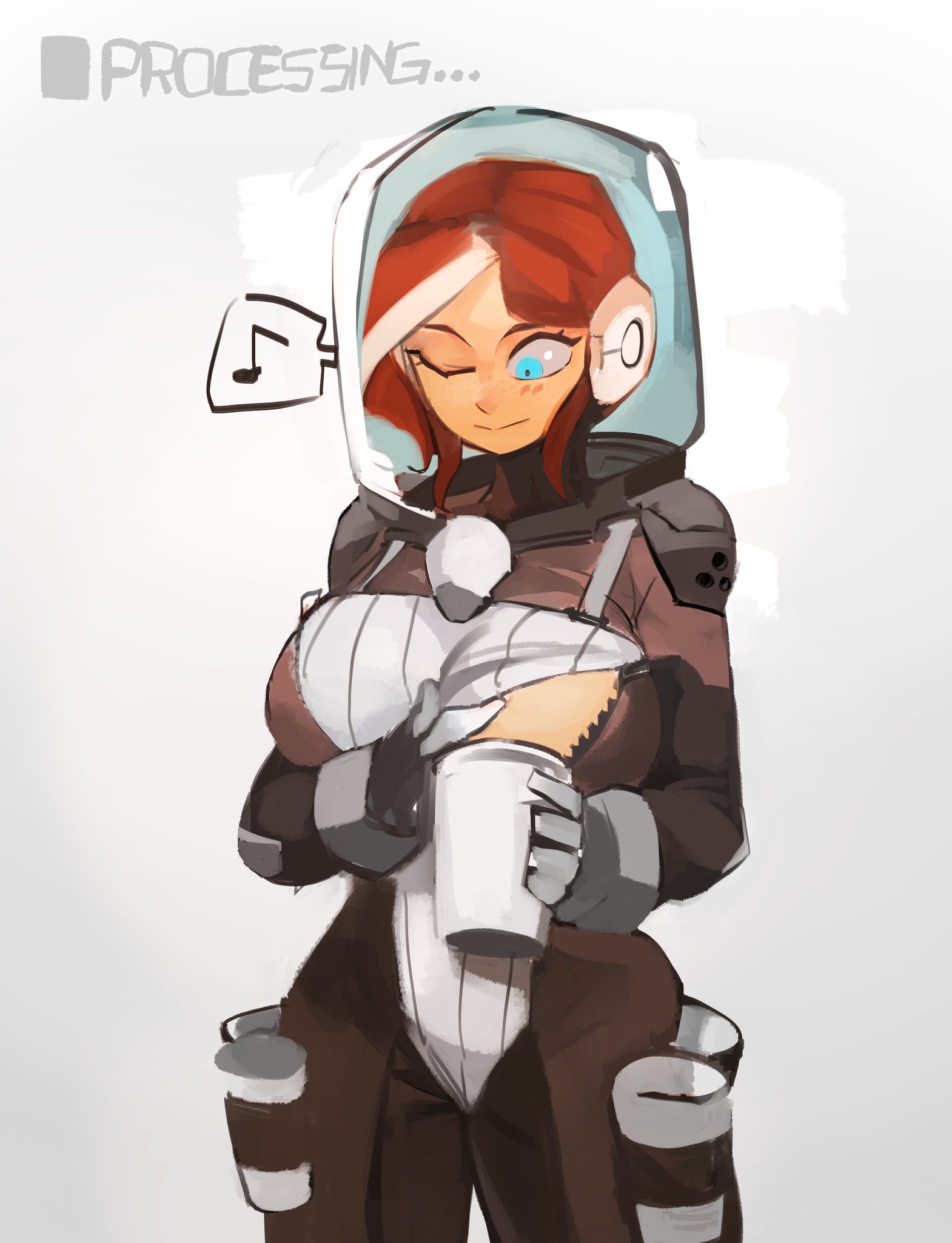 1girls, 33dot, astronaut, big breasts, blue eyes, borrowed character, breast milking, breasts, casual, clothing, cup, eyelashes, female, gloves, helmet, hips, holster, huge breasts, lactation, linnette (barleyshake), looking down, musical note, one eye closed, red hair, redhead, solo, solo female, spacesuit, spoken musical note, standing, tagme, thick, unzipped, white background