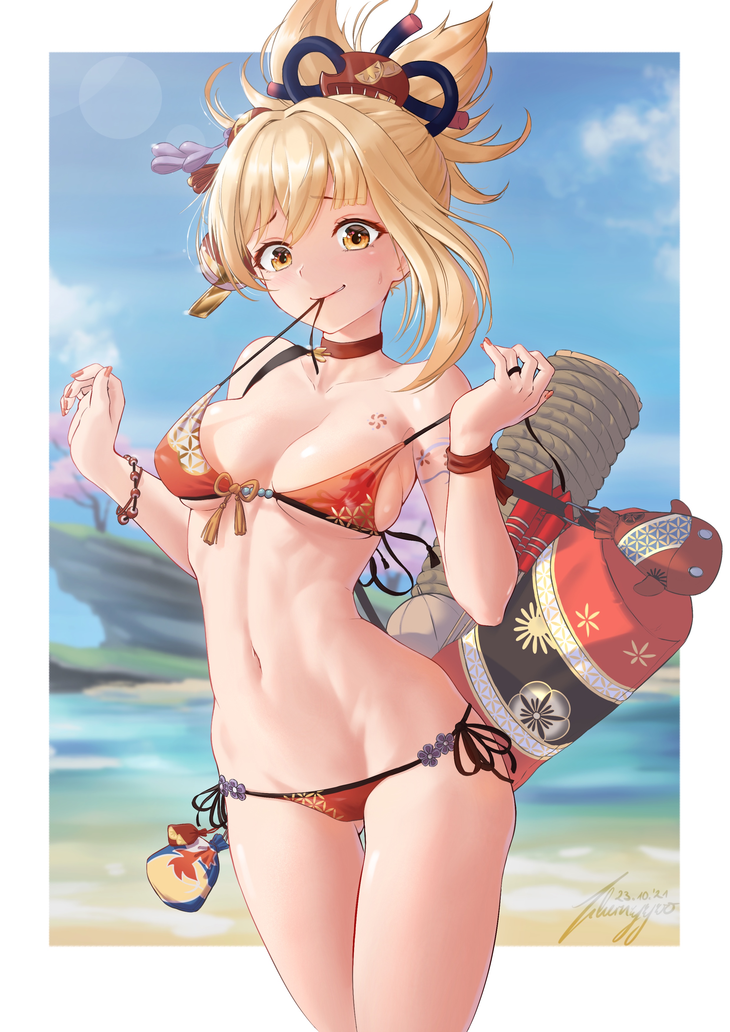 1girls, beach, bikini, blonde hair, breasts, chernyyvo, chest tattoo, choker, cleavage, female, female only, genshin impact, medium breasts, orange bikini, smile, string bikini, swimsuit, tattoo, untied bikini, yellow eyes, yoimiya (genshin impact)