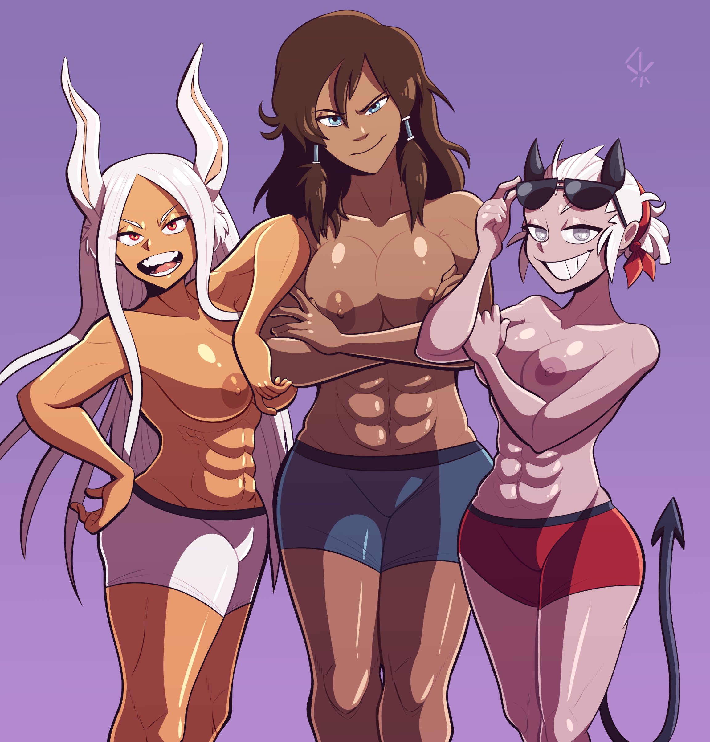 3girls, abs, areolae, arm on shoulder, arms under breasts, artist signature, ass, avatar legends, bandana, biceps, big breasts, bike shorts, blue eyes, breast squish, breasts, brown hair, bubble ass, bubble butt, bunny girl, casual, casual nudity, casual topless, clothing, confident, crossed arms, crossover, dark skin, dark-skinned female, death by snoo snoo, demon, demon girl, demon horns, demon tail, evil smile, female, female only, fit, fit female, furry ears, glasses, grey eyes, hair down, hair tubes, happy, head tilt, helltaker, highres, hourglass figure, human, justice (helltaker), korra, large breasts, leaning on another, light skin, light-skinned female, long hair, looking at viewer, messy hair, miruko, multiple females, multiple girls, muscular, muscular female, my hero academia, nipples, nude, nude female, open mouth, pale skin, pale-skinned female, perky breasts, petite, purple background, rabbit ears, rabbit girl, red eyes, rumi usagiyama, shorts, side by side, six pack, size difference, smile, standing, steecks, sunglasses, sunglasses on head, tail, take your pick, tanned, tanned skin, teeth, the avatar, the legend of korra, thick thighs, tied hair, tomboy, toned, toned female, topless, trio, upper body, very long hair, water tribe, white hair, white skin, wide hips