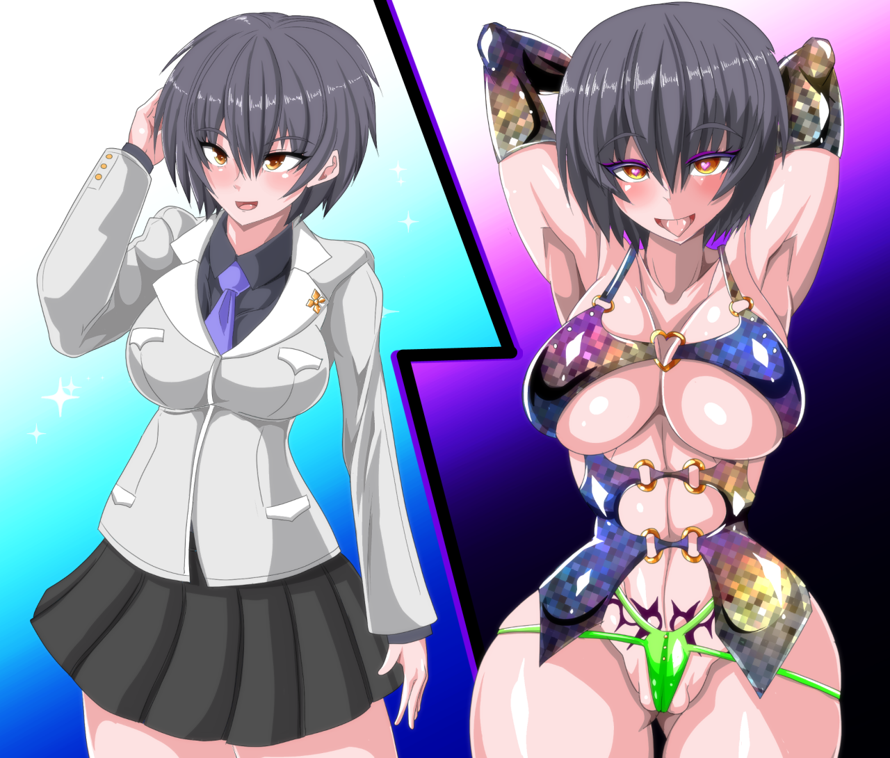 before and after, bimbo, bimbofication, bodycon, breast expansion, breast growth, breast growth (enlargement), breasts, corruption, female, ganguro, gyaru, huge breasts, hypnosis, makeup, personality change, saino kavvara, thong, thugification, tomboy, tomboy feminized, transformation, wide hips, 賽野瓦