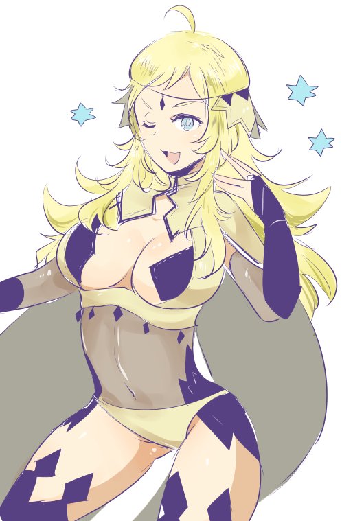 1girls ahoge blonde_hair blue_eyes breasts bridal_gauntlets cape circlet cleavage cleavage_cutout clothing_cutout covered_navel female fire_emblem fire_emblem_fates large_breasts long_blonde_hair long_hair nintendo one_eye_closed open_mouth ophelia_(fire_emblem) panties shougayaki_(kabayaki_3) simple_background solo source_request white_background yellow_panties