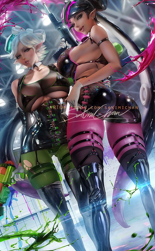 2021, 2girls, alternate breast size, artist signature, ass, black hair, breasts, callie (splatoon), female, female focus, female only, green clothing, hips, huge ass, huge breasts, inkling, long legs, looking at viewer, marie (splatoon), naughty face, nintendo, pink clothing, realistic, sakimichan, slim waist, splatoon, splatoon (series), squid sisters, straight hair, thick thighs, thighs, tied hair, watermark, white hair, wide hips