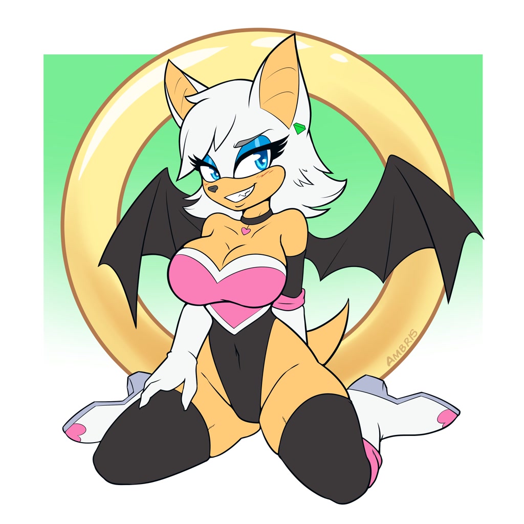 2020 2020s ambris anthro bat bat_wings big_breasts blue_eyes boots breasts choker cleavage clothing cyan_eyes female furry gem gloves hair heart jewelry kneeling legwear looking_at_viewer mammal ring_(sonic) rouge_the_bat sega shoes smile smiling_at_viewer solo solo_female sonic_(series) thighhighs white_hair wings