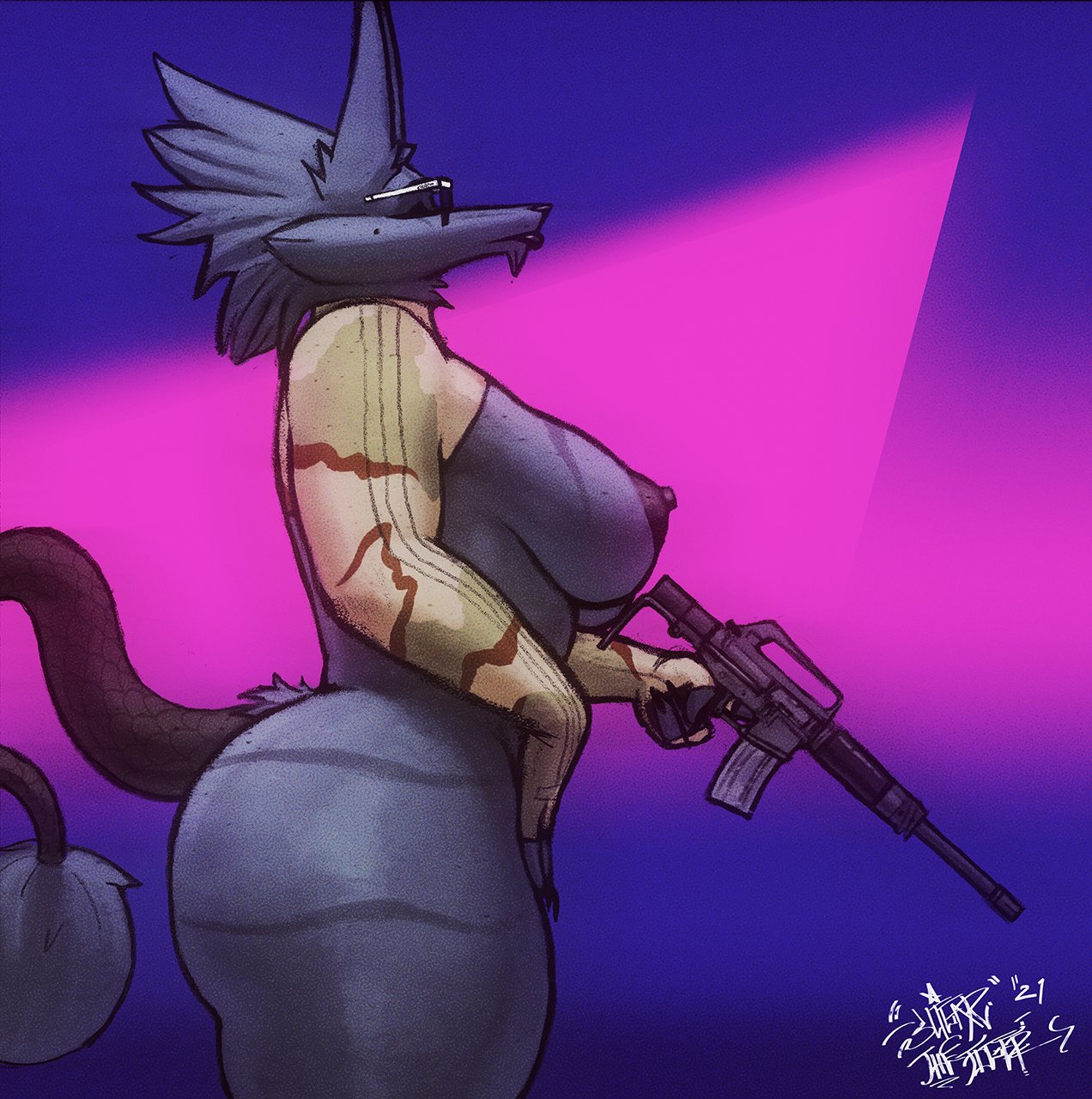 1girls, assault rifle, big breasts, breasts, dubmare, female, functionally nude, furry, glasses, hi res, nipples, nude, rifle, side view, sligarthetiger, tagme, tail, thick thighs, topless, weapon, wolf, wolf ears