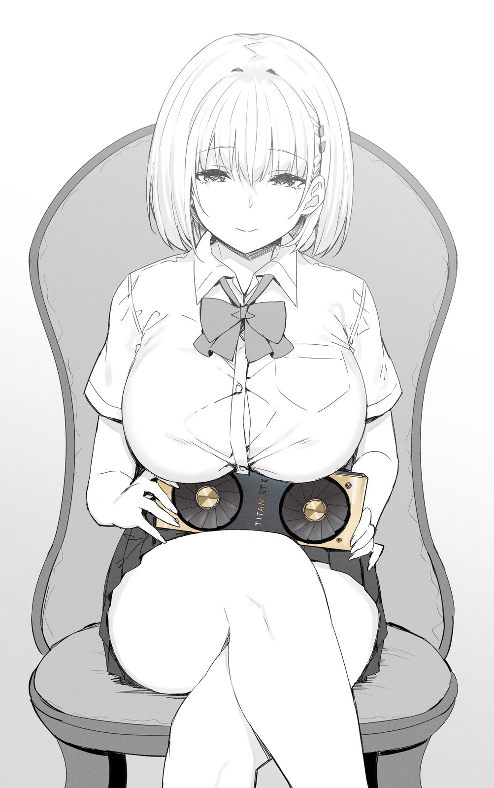 1girls 2020 ara_ara bare_arms bob_cut bow bowtie breast_rest breasts button_gap chair crossed_legs eyebrows_visible_through_hair female female_only greyscale hairclip highres himeko_(sky_(freedom)) holding_object huge_breasts joshi_kōsei_rich_thots legs_crossed looking_at_viewer monochrome nvidia original school_uniform short_hair simple_background sitting skirt sky_(freedom) smile solo thick_thighs thighs tight_clothing video_card white_background