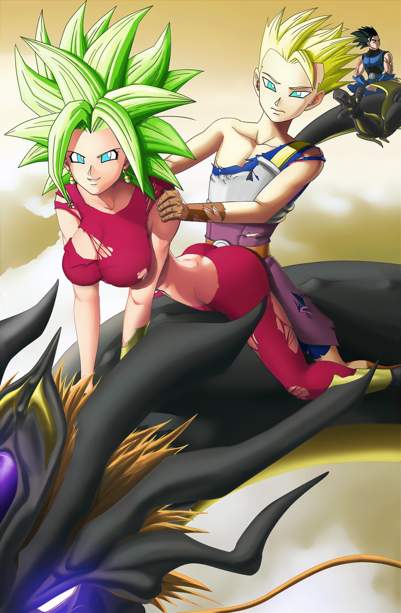 ass, assjob, big breasts, breasts, buttjob, cabba, cleavage, dragon, dragon ball, dragon ball legends, dragon ball super, elitenappa, female, female saiyan, green hair, kefla, legendary super saiyan, male, male saiyan, potara earrings, saiyan, shallot, shounen jump, super saiyan, super saiyan 2, torn clothes