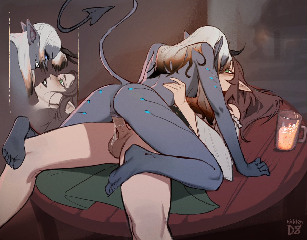 1futa, 1girls, ass, big penis, brown hair, demon, duo, elf, erection, eye contact, female, femdom, futa on female, futanari, hiddend8, humanoid, humanoid penis, intersex, interspecies, light skin, light-skinned futa, long ears, long hair, on back, on table, pale skin, penetration, penis, pussy, sex, succubus, table, vaginal penetration, white hair