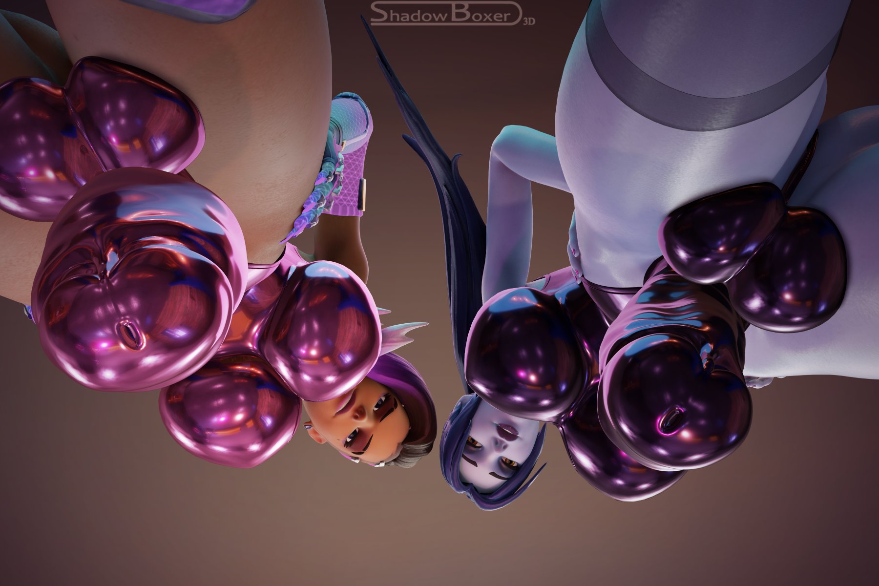 2futas, 3d, balls, big breasts, big penis, blender, bottomless, breasts, casual, cock sleeve (clothes), cock sock, flaccid, futa only, futanari, genitalwear, human, intersex, large breasts, overwatch, penis, shadowboxer, sombra, taker pov, testicles, widowmaker