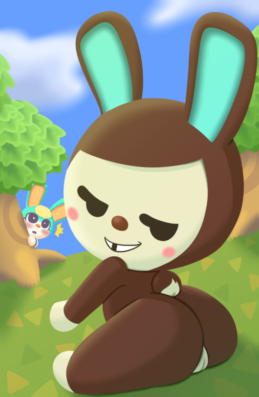 2021 animal_crossing anthro ass being_watched brown_body carmen_(animal_crossing) duo female four-pundo genitals grin lagomorph leporid looking_at_another looking_back mammal nintendo nude outside public public_nudity pussy rabbit sitting smile solo_focus toony tooth_gap video_games