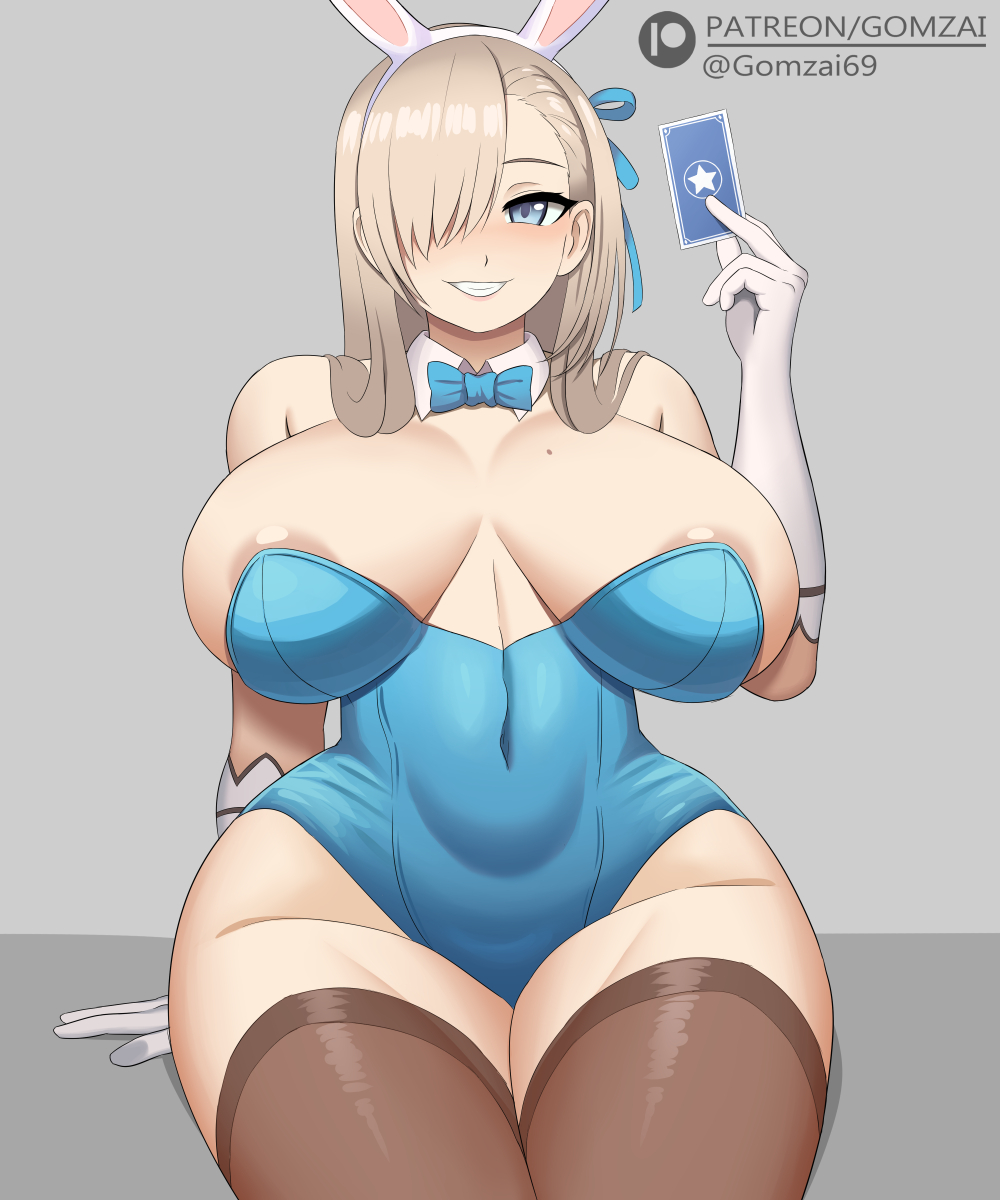 1girls, asuna (blue archive), asuna (bunny) (blue archive), blue archive, breasts, bunny ears, bunny girl, bunnysuit, cleavage, female, female only, gomzai, huge breasts, looking at viewer, millennium science school student, solo, thick thighs, wide hips