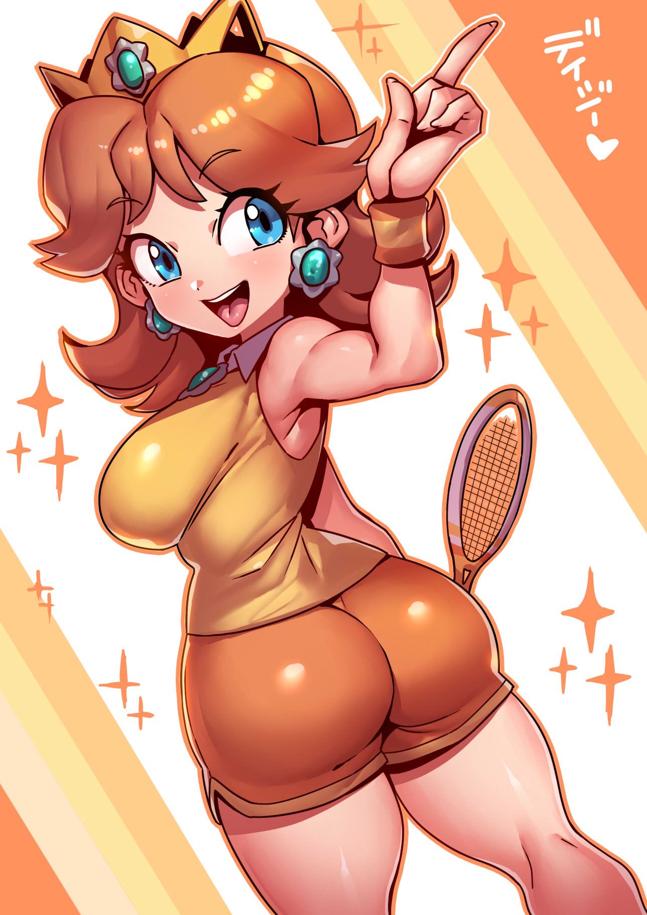 1girls ass athletic big_ass blue_eyes breasts brown_hair butt_crack crown female female_only flower_earrings light-skinned_female light_skin looking_back mario_(series) mario_tennis nintendo orange_theme princess_daisy short_hair shorts sideboob smile solo solo_female tagme tennis_racket tennis_uniform tsuki_wani tsukiwani tukiwani