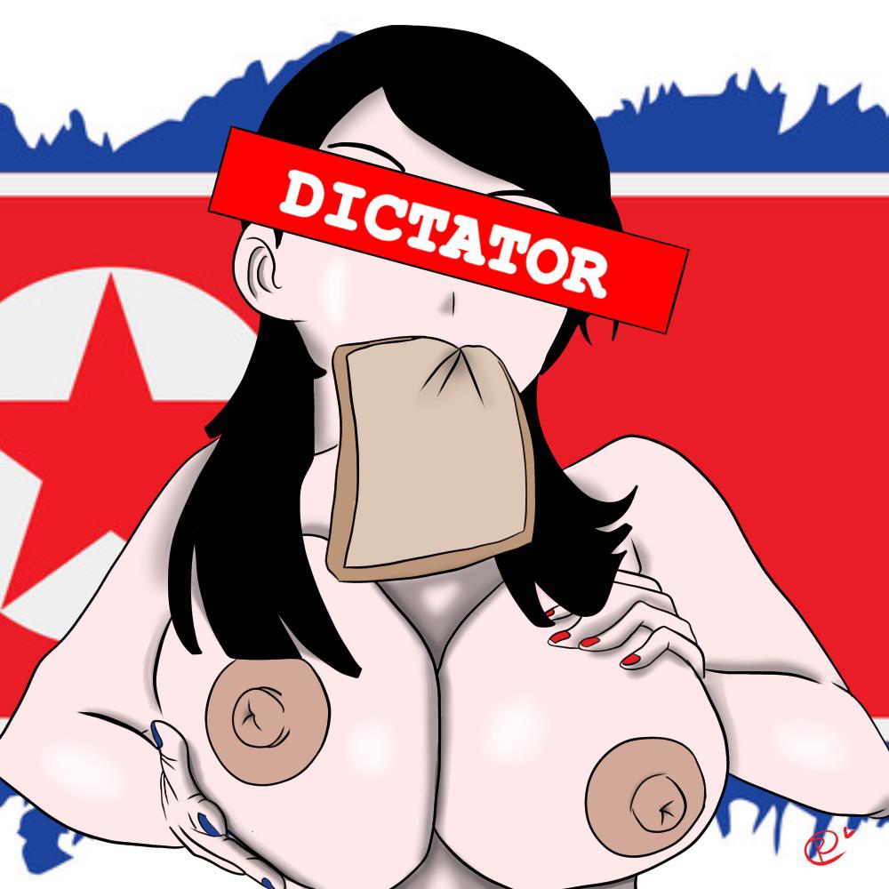 alternate_body_type alternate_breast_size areolae asian asian_female big_breasts big_nipples black_hair bread bread_in_mouth breasts censored diction english_text eyes_covered identity_censor kim_yo-jong korean korean_female large_breasts nipples north_korea north_korean_flag paizuri paizuri_lead_by_female real_person straight tagme