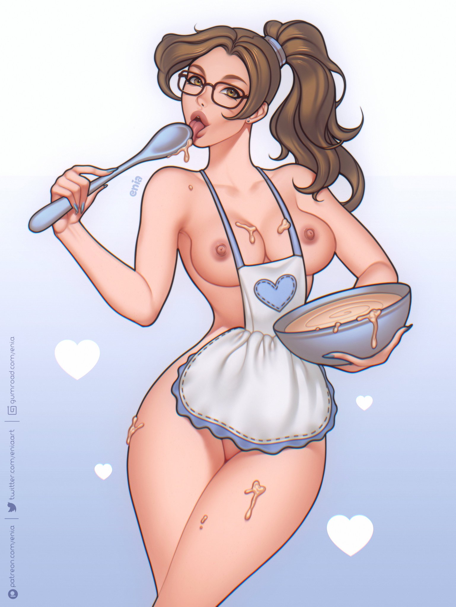 apron, breasts, brown eyes, brown hair, curvy, curvy figure, enia, exposed breasts, exposed pussy, female, female only, glasses, highres, jenny (paradise lust), licking, light skin, light-skinned female, looking at viewer, naked apron, original character, pale skin, pale-skinned female, paradise lust, perky breasts, pussy, revealing clothes, skimpy clothes, thick thighs, voluptuous