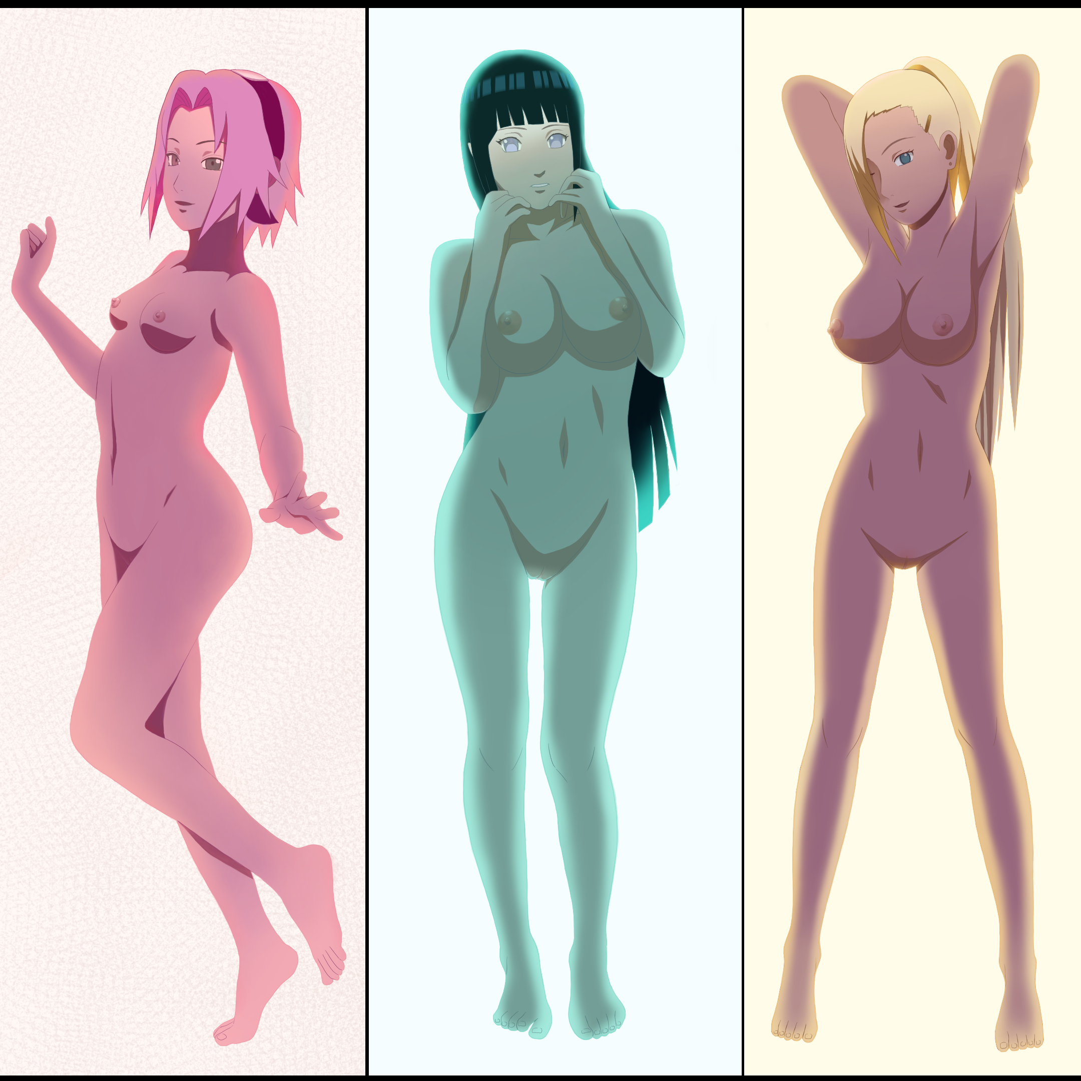 3girls, alternate breast size, arms behind head, artist request, big breasts, black border, black hair, blonde hair, blue eyes, blunt bangs, breast size difference, breasts, completely nude, curvy, curvy female, curvy figure, female, female only, full body, green eyes, haruno sakura, huge breasts, hyuuga hinata, ino yamanaka, multiple females, multiple girls, naked, naruto, naruto (series), naruto shippuden, nipples, nude, nude filter, one eye closed, pink hair, ponytail, posing, pussy, sakura haruno, small breasts, split screen, take your pick, tied hair, violet eyes, wide hips, wink, yamanaka ino