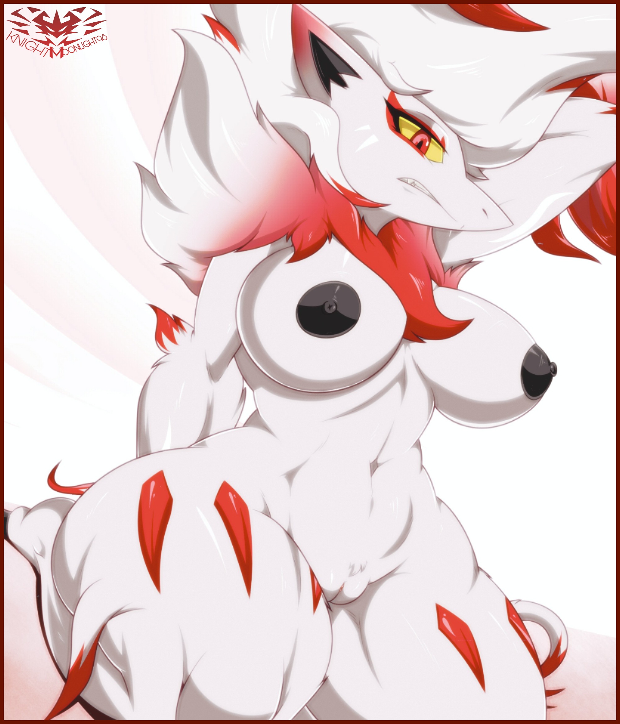 anthro, areola, big breasts, black nipples, breasts, female, female focus, fur, furry, furry only, genitals, hi res, hisuian zoroark, knightmoonlight98, looking at viewer, multicolored body, multicolored fur, navel, nintendo, nipples, nude, pokémon (species), pokemon, pokemon (species), pokemon legends: arceus, pokemorph, pussy, red eyes, regional form (pokemon), solo, solo female, thick thighs, thunder thighs, two-tone body, two-tone fur, video games, white body, white fur, wide hips, yellow sclera, zoroark