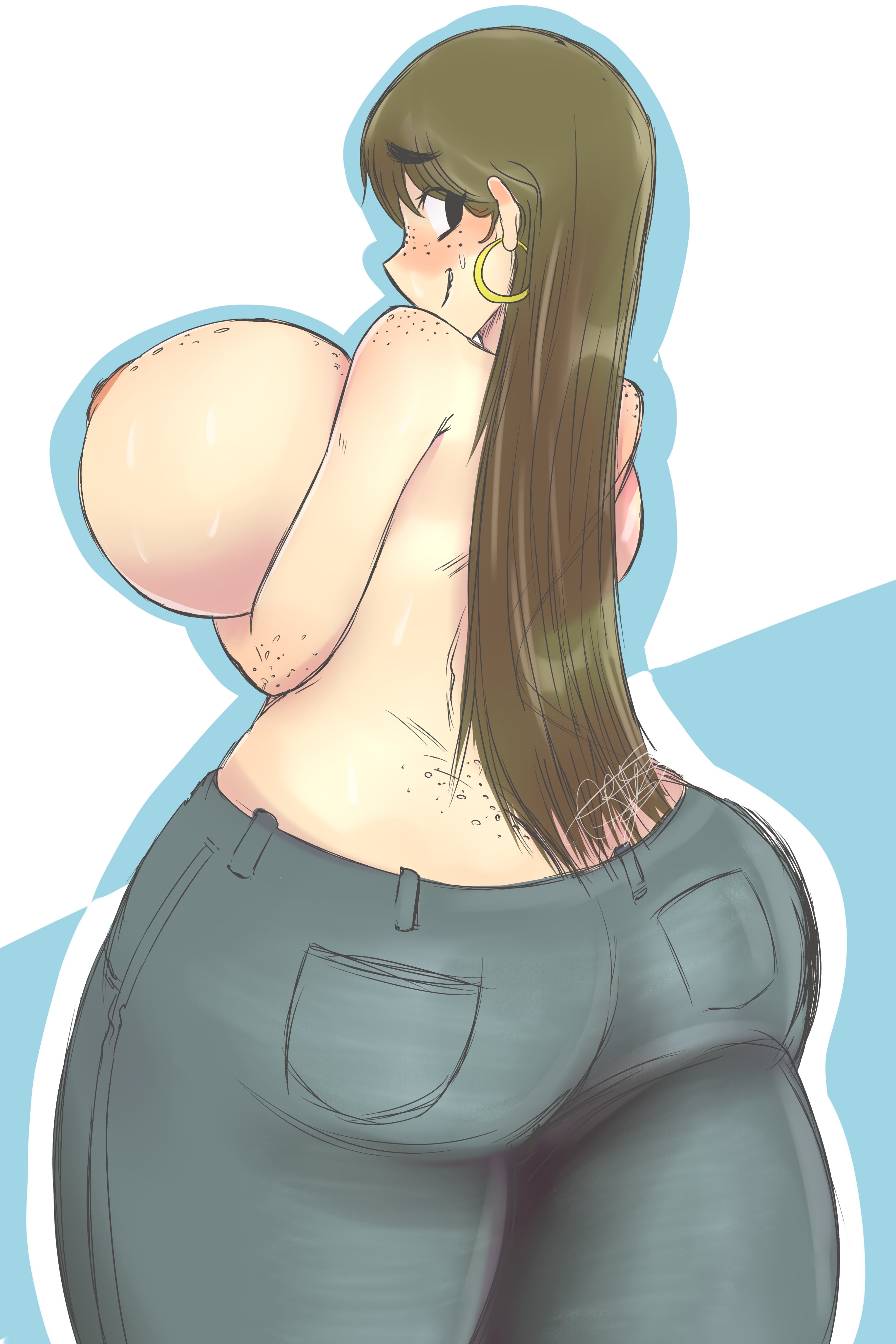 1girls, areolae, ass, big breasts, black eyes, blush, breast hold, breasts, brown hair, cloe (crysnickel), crysnickel, earrings, eyebrows visible through hair, eyelashes, female, female only, freckles, hoop earrings, huge breasts, human, human only, jeans, long hair, looking back, nipples, original, original character, pants, smile, solo, solo female, standing, tagme, thick thighs, topless, topless female, topless jeans, wide hips