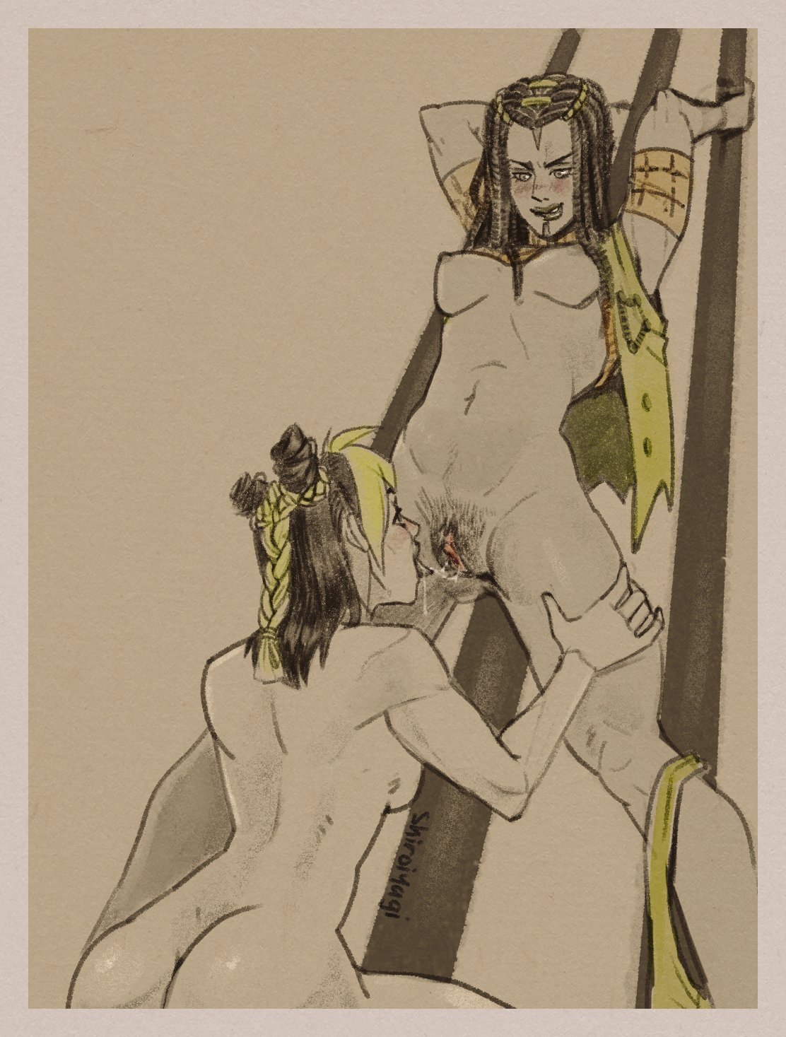 2girls, black hair, bottomless, cunnilingus, dreadlocks, ermes costello, female, female only, female/female, green hair, green lipstick, hairy pussy, jail cell, jojo's bizarre adventure, jolyne kujo, latina, licking pussy, monochrome, multiple females, multiple girls, panties around leg, panties aside, partially colored, pubic tattoo, pussy, pussy juice, sketch, smiling, stone ocean, topless, two-tone hair, yuri