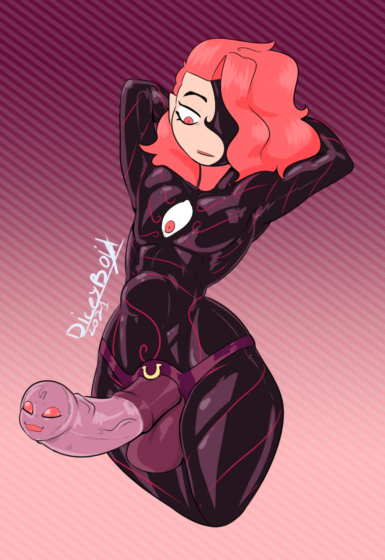 1boy, animal genitalia on humanoid, animate inanimate, badbitchdicey, bodysuit, diceyboi, dildo, dildo with face, double strap-on, femboy, horsecock, horsecock on humanoid, hung trap, inanimate transformation, latex, light skin, light-skinned male, male, male only, monster, pale skin, penis, red hair, rubber, sex toy, sex toy transformation, solo, standing, stomach bulge, strap-on, strap-on with face, strapon, the boss (badbitchdicey), the boss (diceyboi), thick thighs, transformation