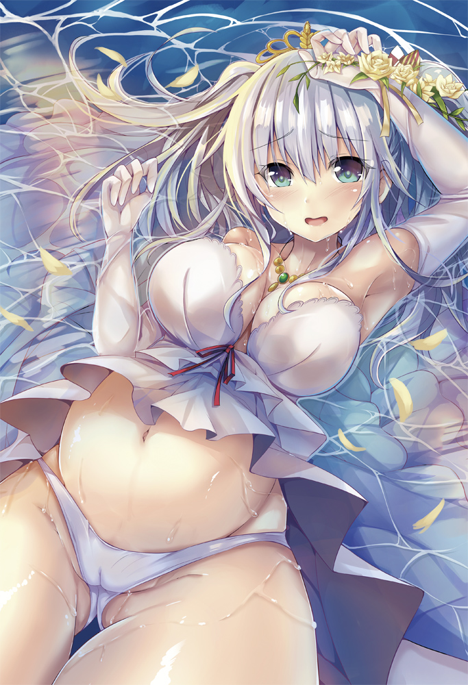 armpit ass_visible_through_thighs bangs big_breasts bride cameltoe cleavage doujin_cover female female_only gloves kantai_collection kashima_(kantai_collection) long_gloves looking_at_viewer necklace on_back panties pregnant silver_hair solo sumisuzu teal_eyes thick_thighs tiara twintails water wedding_dress wet white_gloves white_panties wide_hips