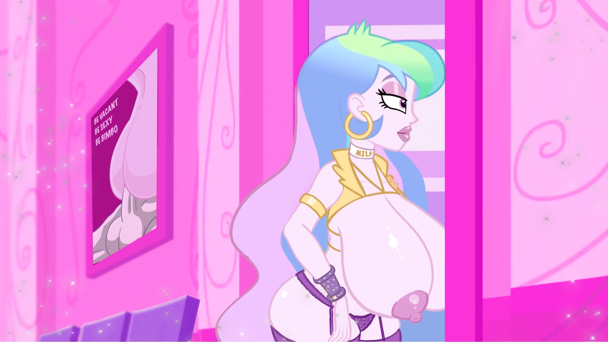 1girls, accurate art style, annon, areolae, big breasts, bimbo, bimbofication, bra, breast expansion, breast growth, breast growth (enlargement), breasts, choker, earrings, edit, edited, edited screencap, equestria girls, eyeshadow, female, female only, friendship is magic, hanging breasts, hasbro, hoop earrings, huge breasts, jewelry, large areolae, large breasts, lip gloss, lipstick, makeup, male, my little pony, nipples, open clothes, panties, penis, princess celestia (mlp), principal celestia, purple panties, solo, underwear, useless clothing
