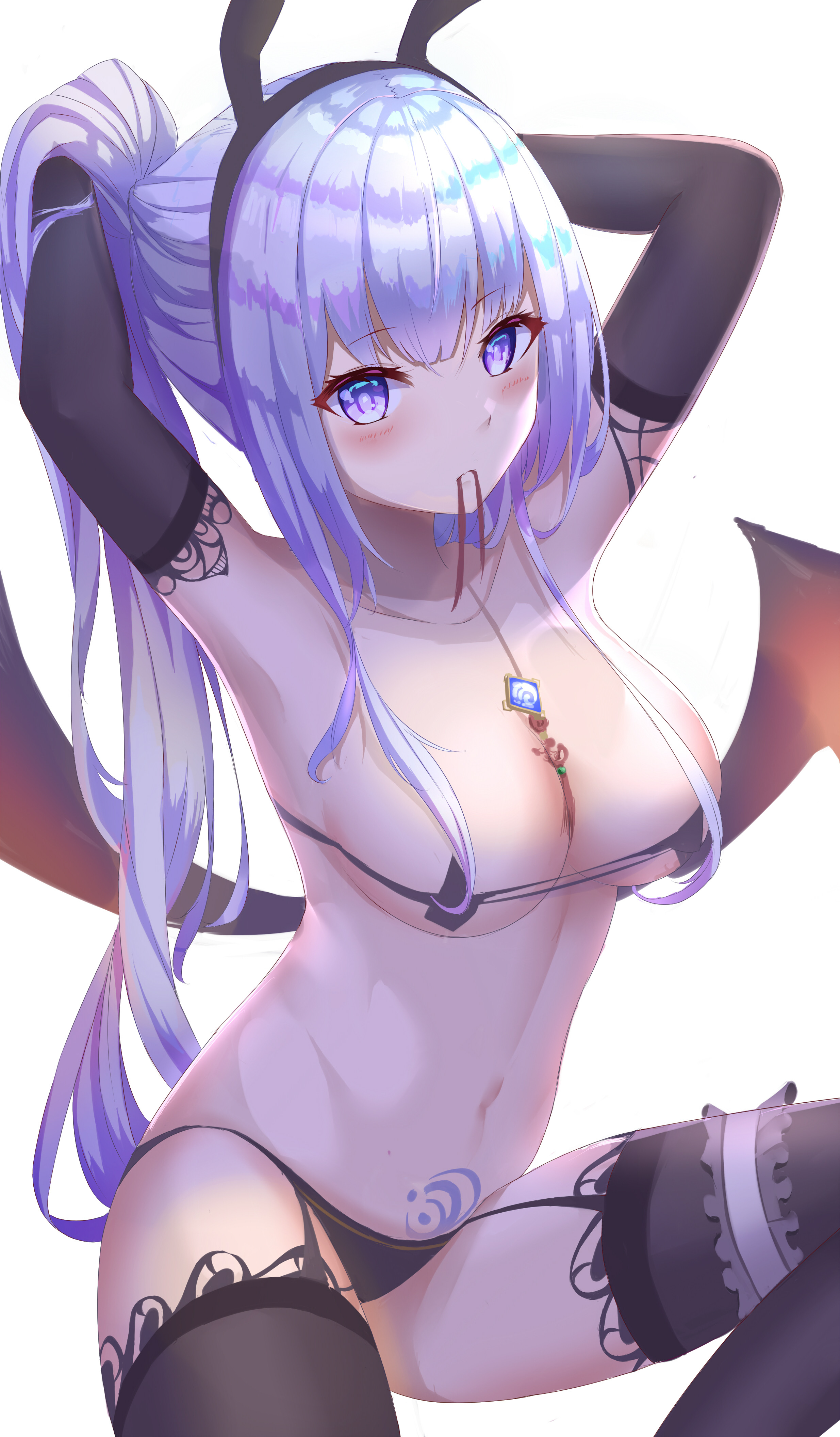 1girls, blue eyes, blue hair, breasts, bunny ears, demon, demon girl, demon wings, female, genshin impact, kamisato ayaka, lingerie, micro bikini, midriff, navel, succubus, tattoo, thick thighs, thighs, tnan, wings