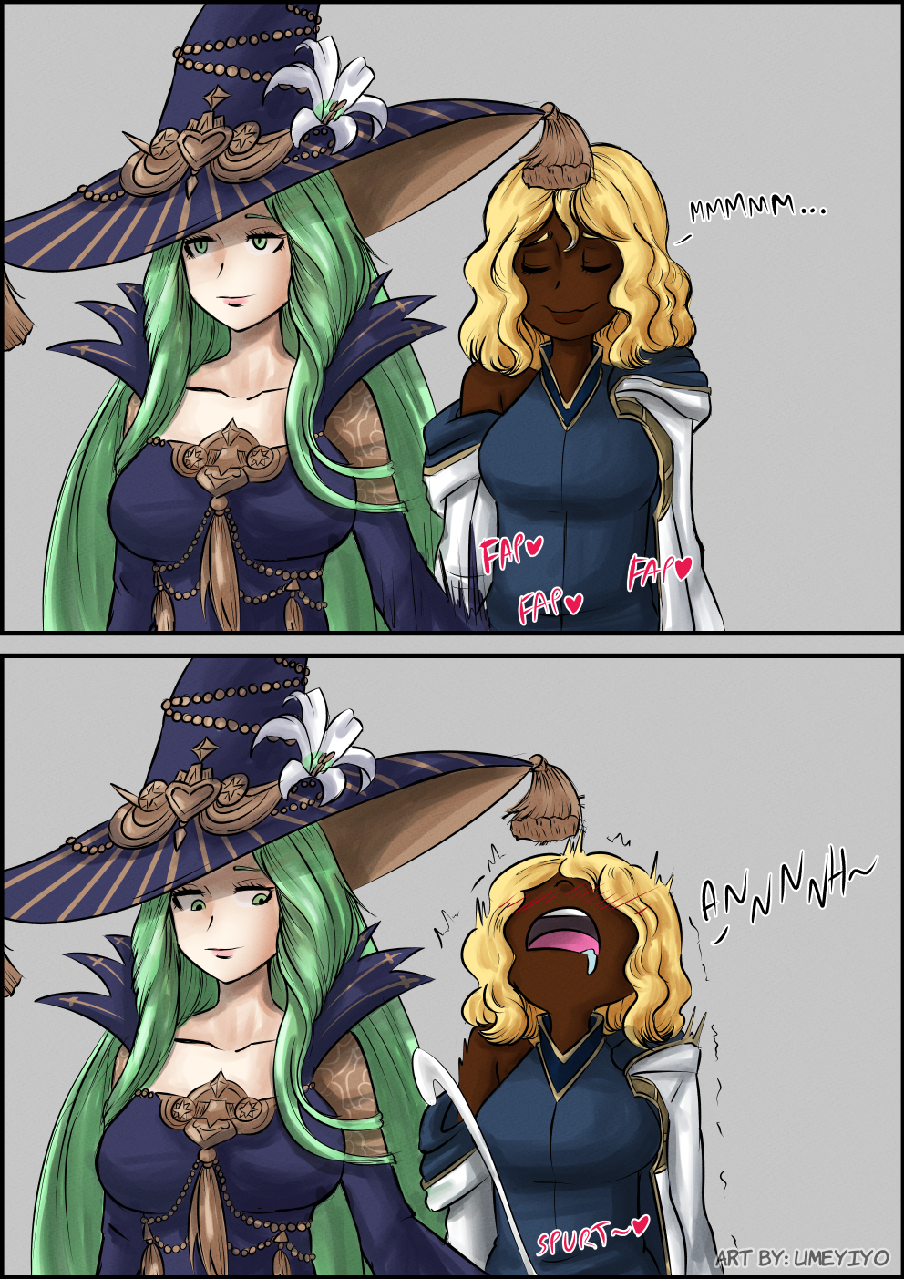 1futa 1girls 2koma alternate_costume blonde_hair blush breasts clothed clothed_female clothed_sex clothing comic cum cumshot dark-skinned_female dark-skinned_futanari dark_skin dialogue drooling duo ejaculation english_text female female_on_futa fire_emblem fire_emblem:_three_houses fire_emblem_heroes fully_clothed futa_on_female futanari green_eyes green_hair halloween halloween_costume handjob heart human humanoid implied_handjob implied_sex interracial kiran_(fire_emblem) kiran_(fire_emblem)_(female) large_breasts light-skinned_female light_skin long_hair looking_at_penis looking_at_viewer looking_down looking_pleasured masturbation medium_breasts nintendo off_shoulder official_alternate_costume open_mouth original pale_skin rhea_(fire_emblem) saliva saliva_trail smile standing text trembling umeyiyo witch witch_hat