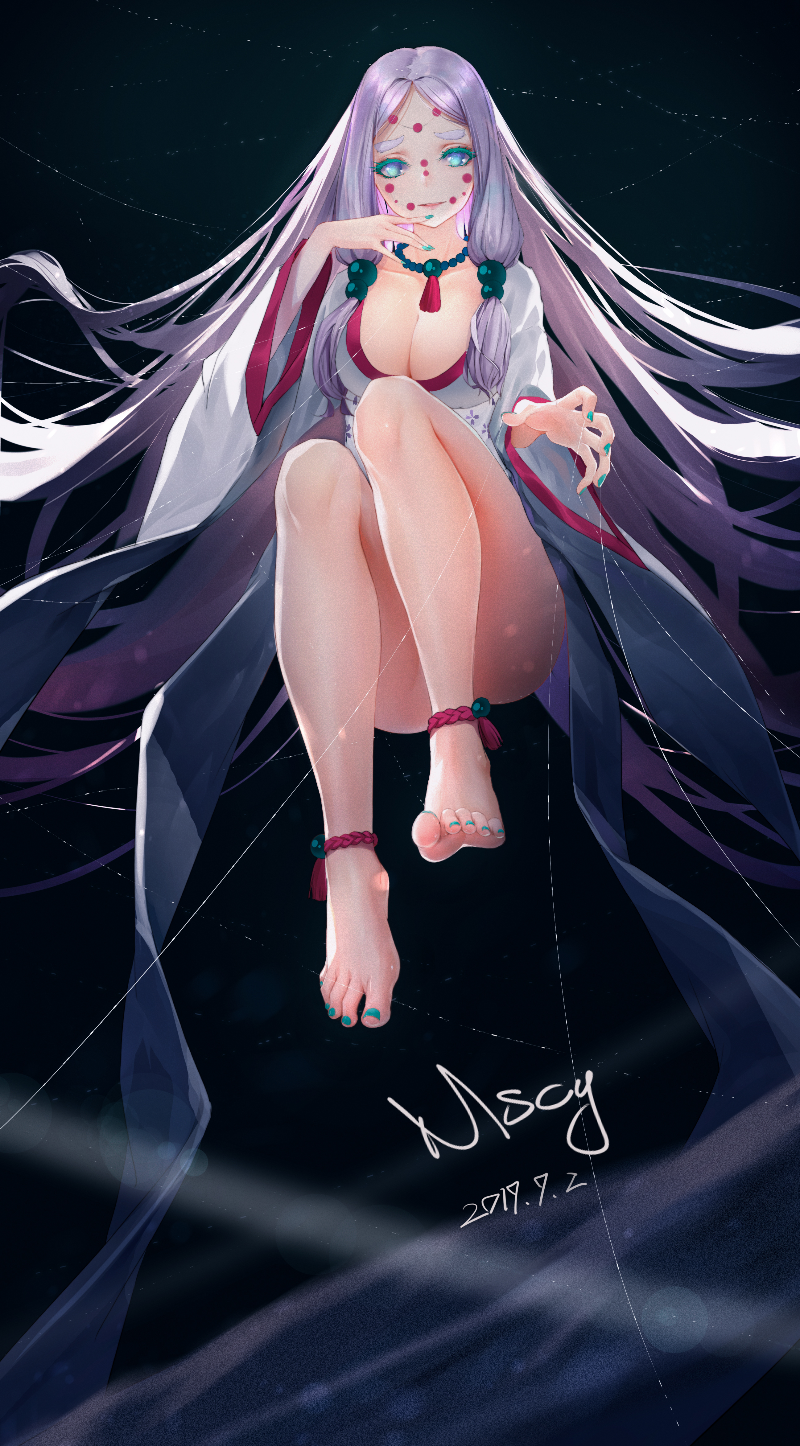 anklet, barefoot, big breasts, black background, breasts, cleavage, demon slayer, facial markings, feet, female, female only, full body, hair ornament, japanese clothes, kimetsu no yaiba, kimono, long hair, long sleeves, looking at viewer, mother spider demon, nail polish, necklace, obi, sidelocks, silver hair, solo, spider girl, spider web, thick eyebrows, toenail polish, toes, very long hair, wide sleeves