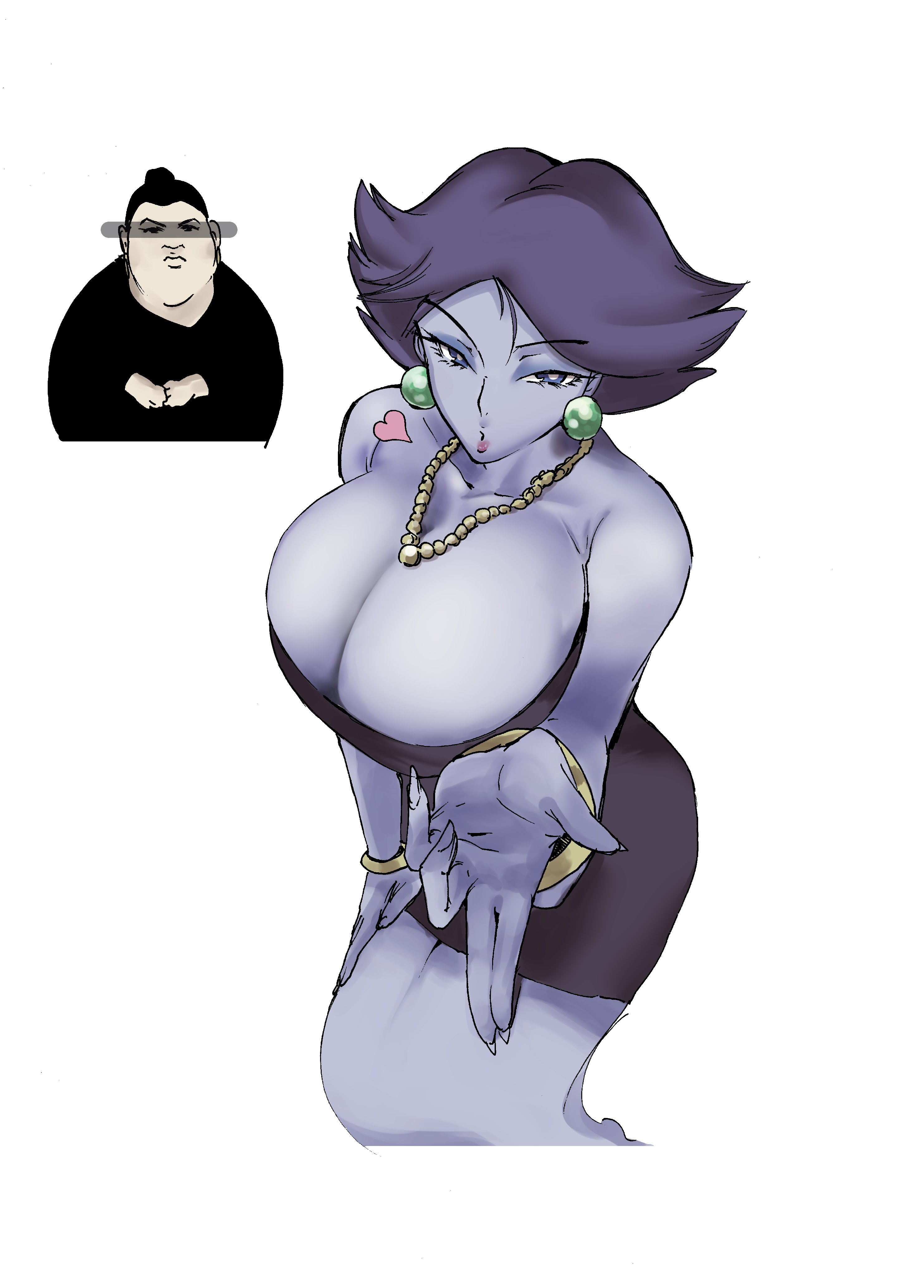 1boy, 1girls, 2018, absurd res, bare shoulders, black dress, blowing kiss, blue eyes, bracelet, breasts, censored, cleavage, clothing, dress, earrings, eyebrows visible through hair, eyeshadow, female, female focus, ghost, ghost girl, ghost tail, hand on thigh, heart, highres, humanized, identity censor, jewelry, large breasts, lips, lipstick, long fingernails, looking at viewer, madame flurrie, makeup, male, mario (series), necklace, nintendo, paper mario, puckered lips, purple eyeshadow, purple hair, purple lipstick, purple skin, rx hts, seductive, sharp fingernails, short hair, simple background, straight hair, strapless, strapless dress, thighs, tube dress, white background