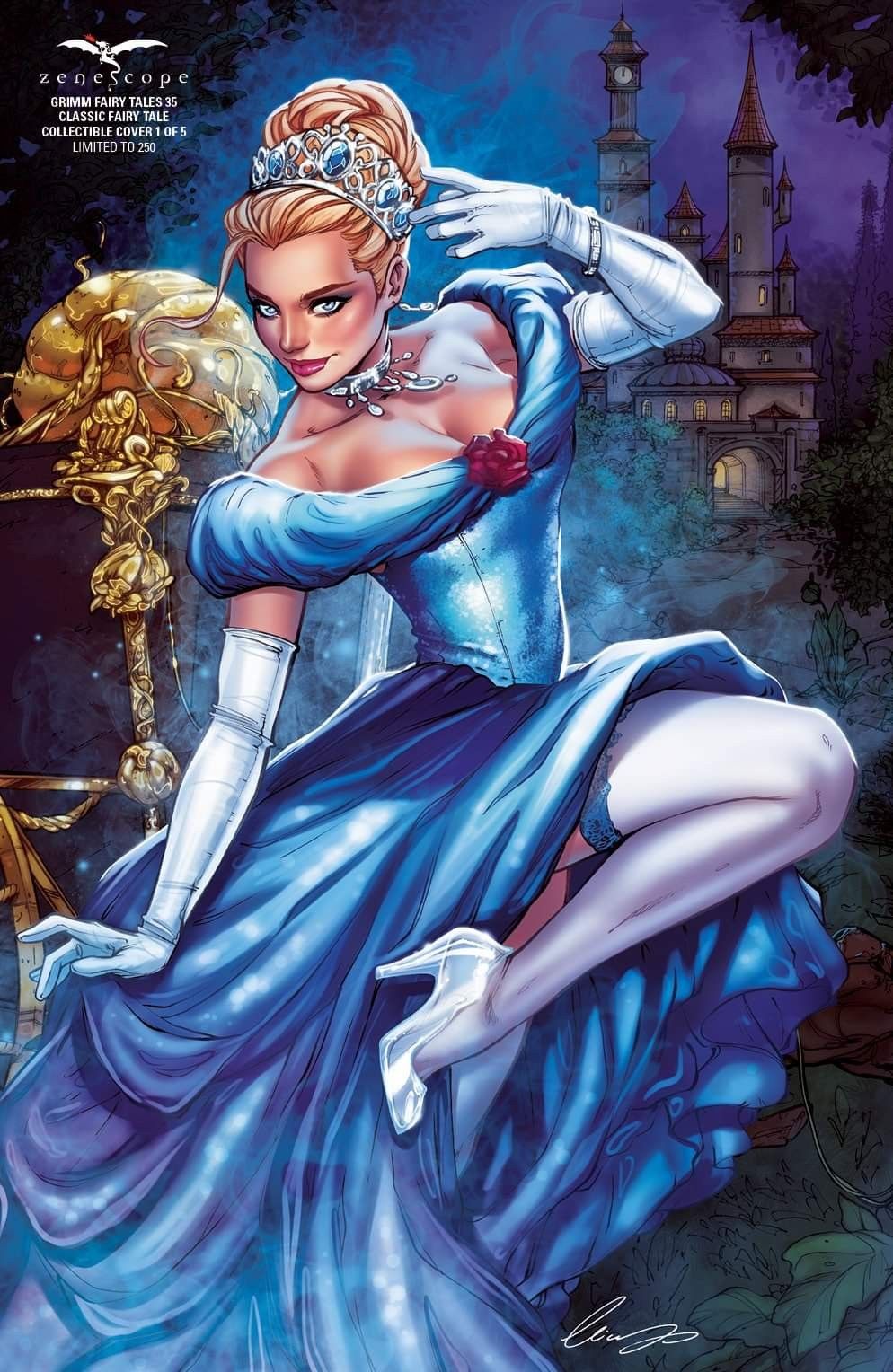 1girls big_breasts blonde_hair blue_dress blue_eyes breasts busty castle choker cinderella cinderella_(fairy_tales) cinderella_(zenescope) cleavage collar comic_cover diamond_(gem) diamond_collar dress elias_chatzoudis eyeshadow female female_only glass_slipper gloves hair_bun hair_ornament heels high_resolution jewelry large_breasts looking_at_viewer makeup mascara official_art pinup princess_dress red_lips red_lipstick slipper slippers solo stairs statue stockings text thighhigh_stockings thighhighs zenescope